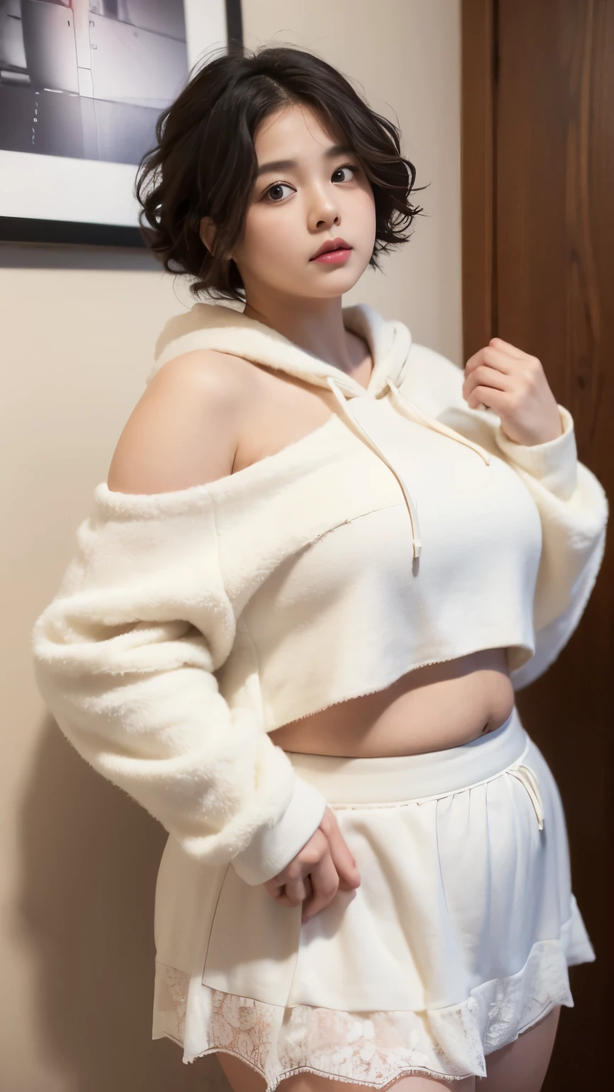 1 girl, slightly obese body, big size, round face, double chin, overweight, Shoulder length Fluffy short curly hair , high white hoodie lace gauze  skirt ，navel，holding her weight on her stomach and looking at the camera，dark room, walking 