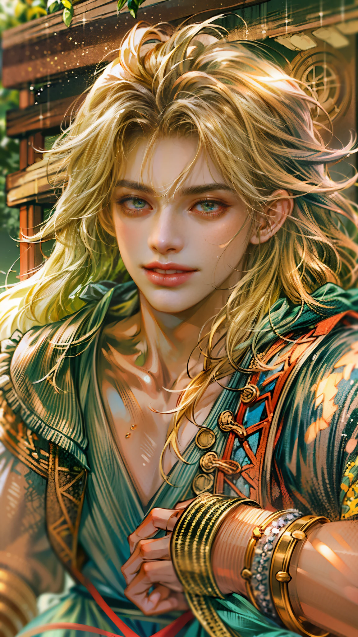 (absurdres, highres, ultra detailed, HDR), masterpiece, best quality, legend of mana character, guy angel, detailed face, handsome face, anime eyes, at the town market in domina , detailed character, detailed outdoor scenery, art kenouji