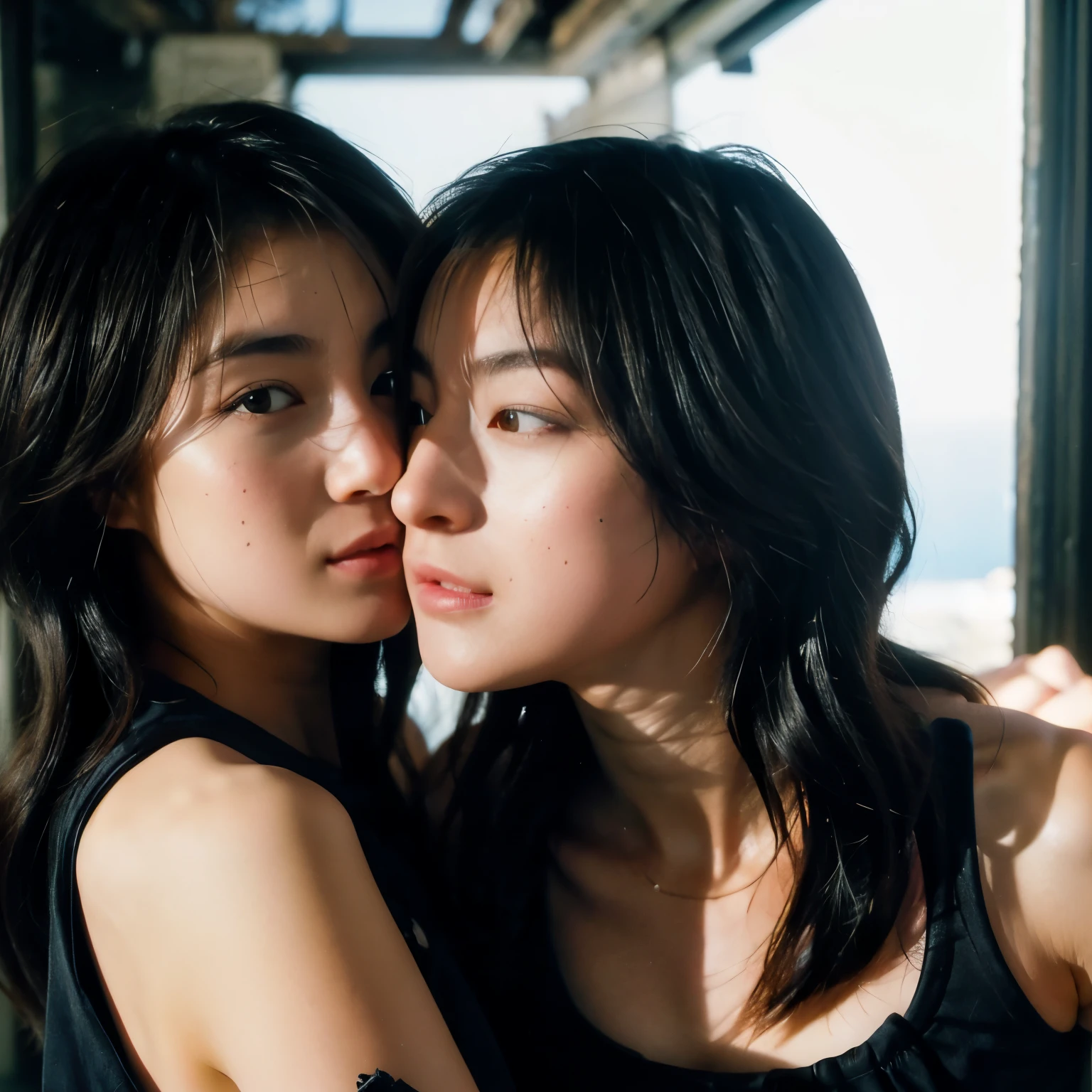 (table top, highest quality, beautiful quality), (realistic:1.4), (detailed lighting, highly detailed skin, very fine hair, shadowy, 8k, 15 years old with baby face、Identical twin sisters of girls:1.2), looking at the viewer, (high key lighting), highest quality, official art, unity 8k wallpaper, 超A high resolution, Kiss、lesbian、love、super detailed, beautiful and aesthetic