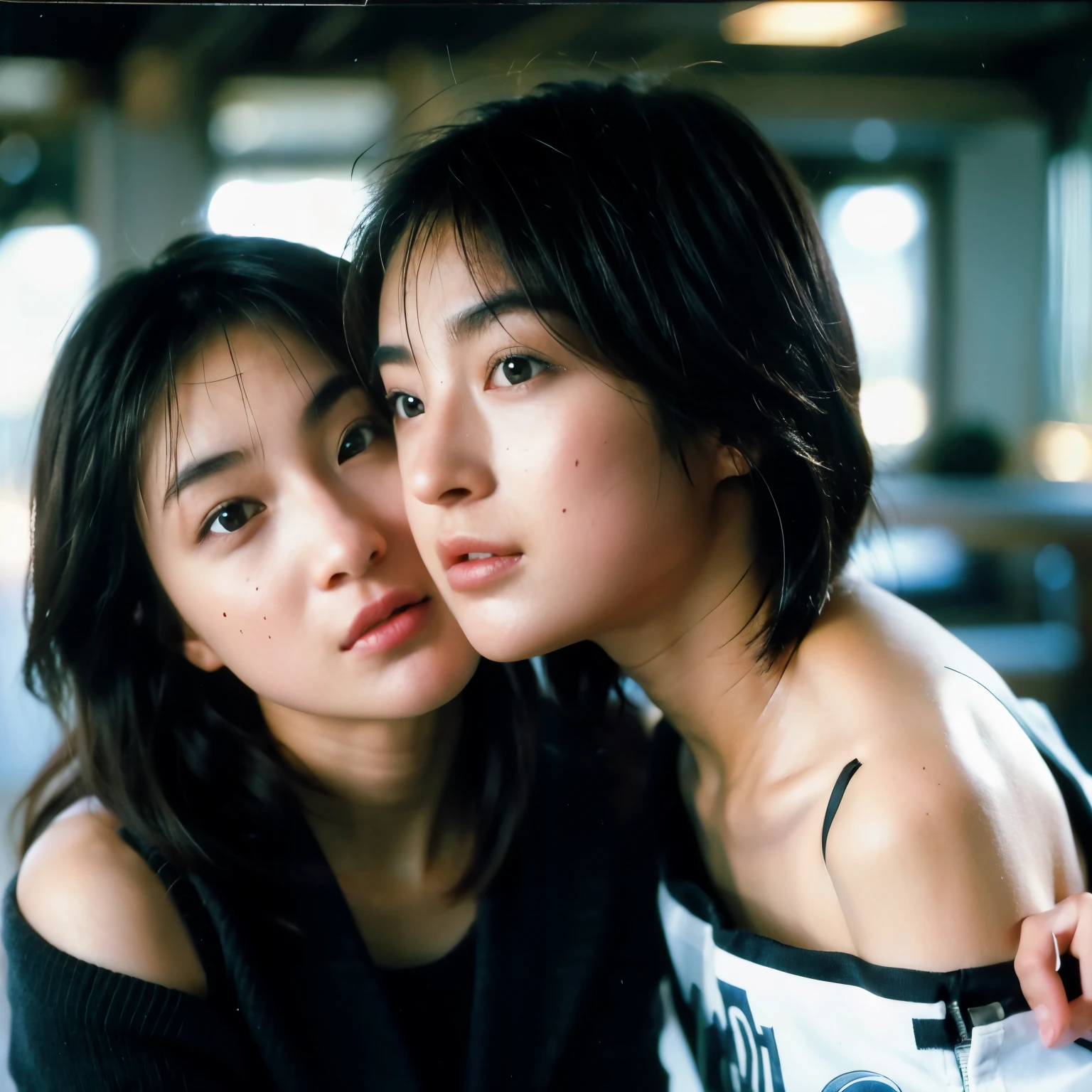 (table top, highest quality, beautiful quality), (realistic:1.4), (detailed lighting, highly detailed skin, very fine hair, shadowy, 8k, with baby face、Idwin sisters of girls:1.2), looking at the viewer, (high key lighting), highest quality, official art, unity 8k wallpaper, 超A high resolution, Kiss、lesbian、love、super detailed, beautiful and aesthetic