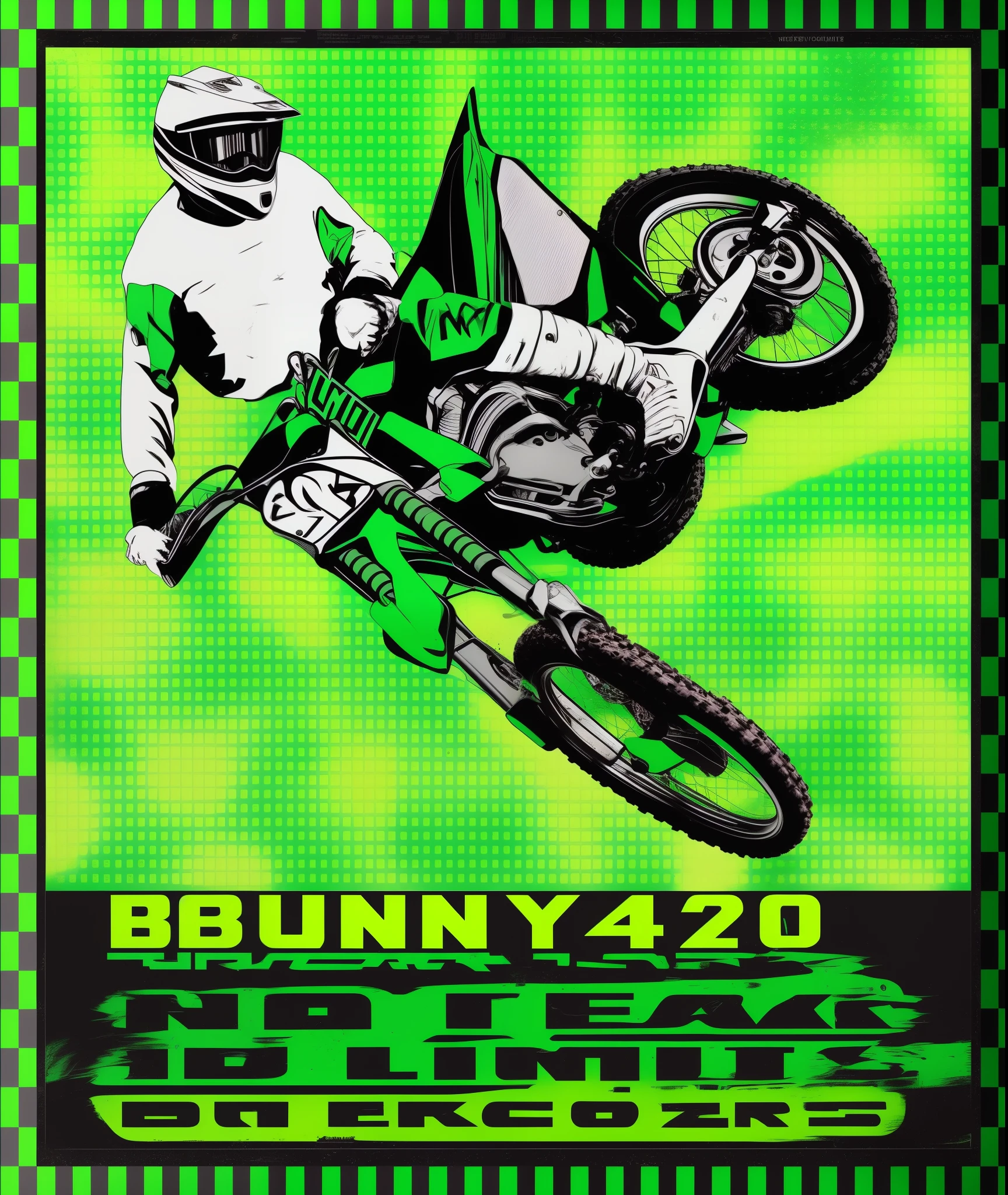 there is a poster of a man riding a dirt bike, electrixbunny, bunnypunk, 4 2 0, 420, bunny, official print, no fears, 70s poster, poster!!!, no fear, poster illustration, wallpaper”, poster shot, year 2 3 0 0, custom, high quality picture, ny, phone wallpaper, no blur