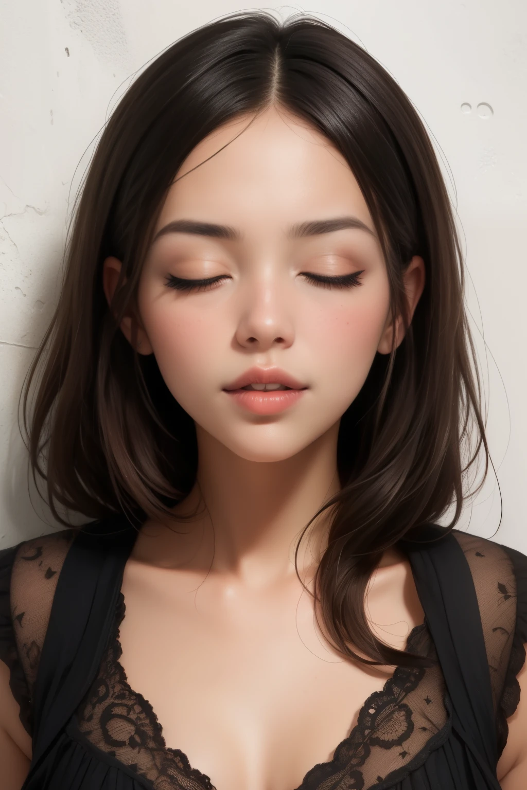 Close up shot of a woman who has closed her eyes and parted her perfect lips, blushing very hard, kissable face and lips, amazing makeup, against a wall