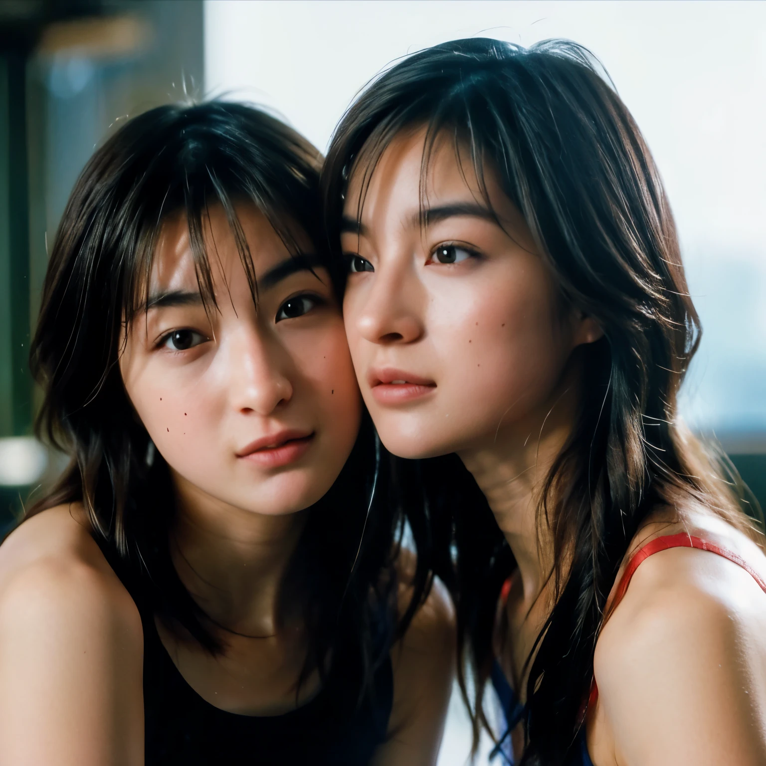 (table top, highest quality, beautiful quality), (realistic:1.4), (detailed lighting, highly detailed skin, very fine hair, shadowy, 8k, with baby face、Idwin sisters of girls:1.2), looking at the viewer, (high key lighting), highest quality, official art, unity 8k wallpaper, 超A high resolution, Kiss、lesbian、love、super detailed, beautiful and aesthetic