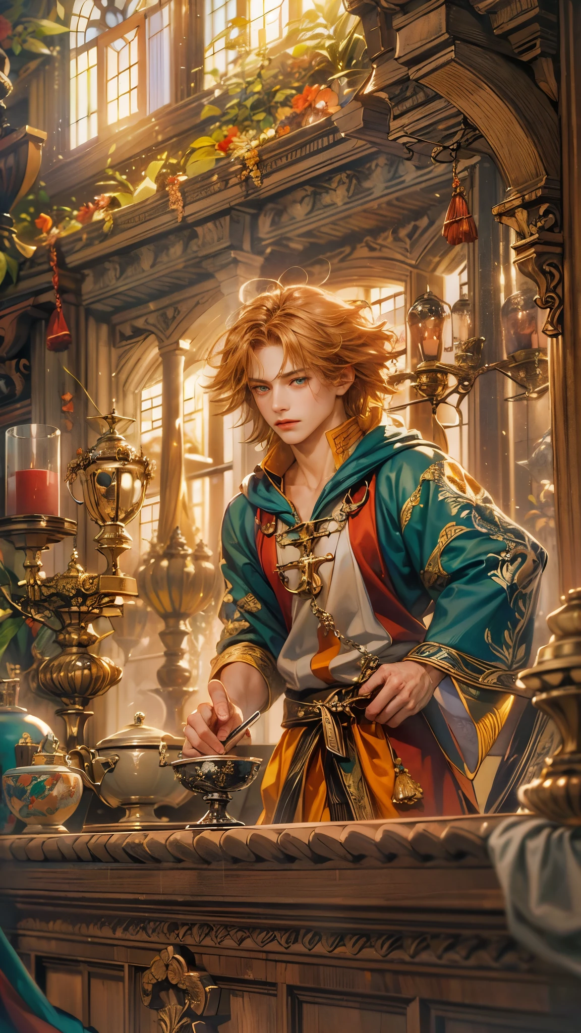(absurdres, highres, ultra detailed, HDR), masterpiece, best quality, legend of mana character, boy hero, guy villain , detailed face, handsome face, anime eyes, inside home beside window, detailed character, detailed indoor, detailed home, art kenouji