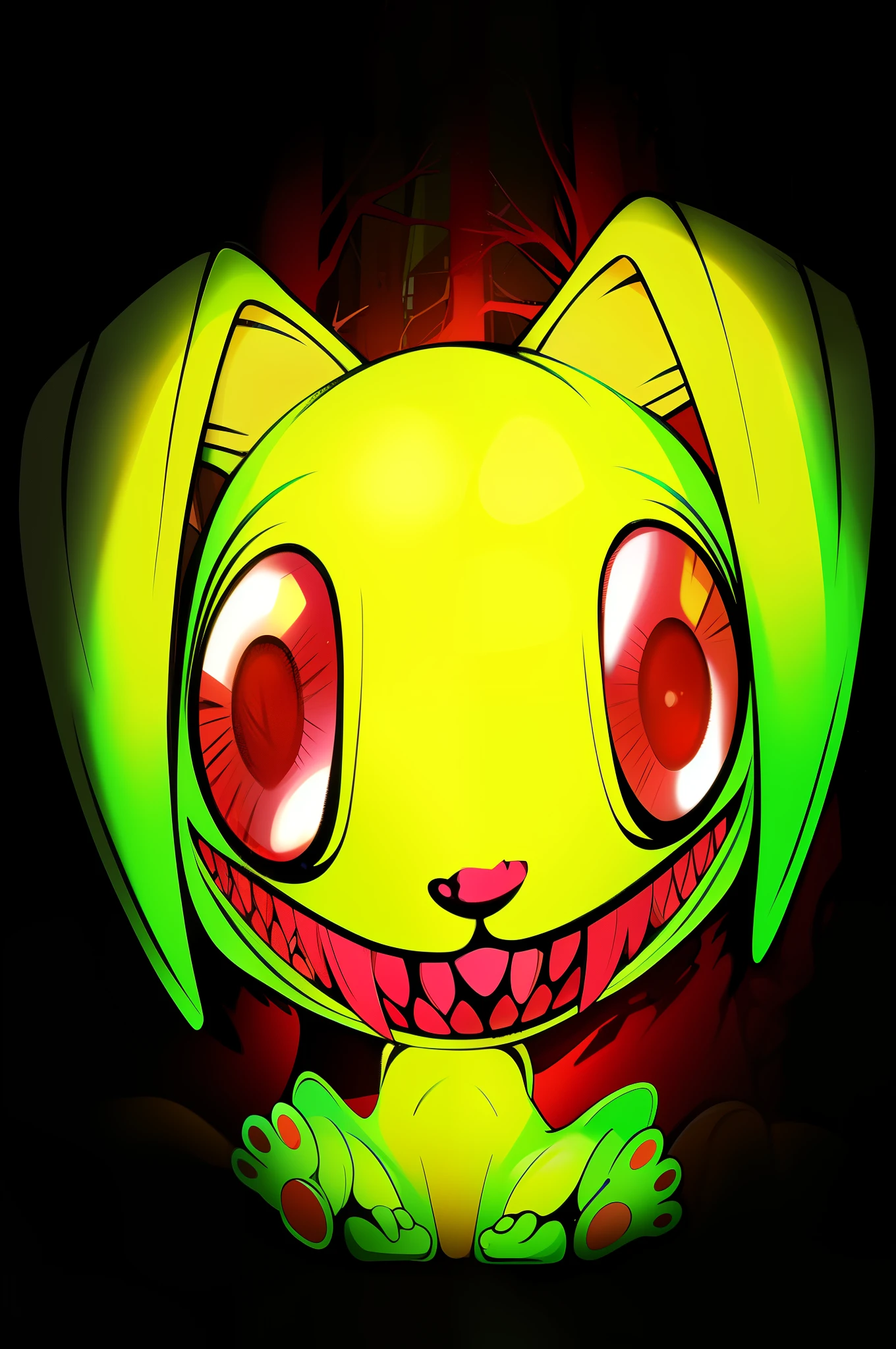 brightly colored cartoon character with glowing eyes and a glowing tail, big glowing eyes, evil smile and glowing eyes, large glowing eyes, with glowing eyes, adorable glowing creature, glowing-eyes-and-mouth, bright demonic glowing eyes, evil. vibrant colors. cute, goblinko, glowing eyes everywhere, neon glowing eyes, with red glowing eyes, brightly glowing eyes