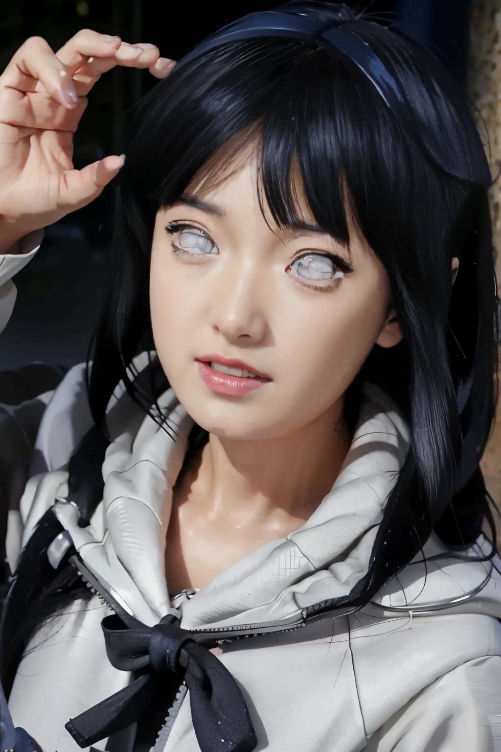 arafed woman with long black hair and blue eyes posing for a picture, hyper realistic anime, photorealistic anime, hyperrealistic , black haired girl wearing hoodie, a hyperrealistic , kawaii realistic portrait, black hair and large eyes, realistic young anime girl, anime girl in real life, 3 d anime realistic, realistic anime 3 d style