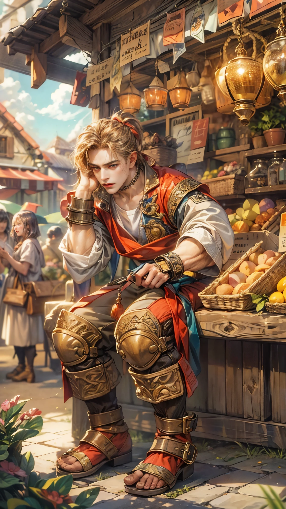 (absurdres, highres, ultra detailed, HDR), masterpiece, best quality, legend of mana character, guy angel, detailed face, handsome face, anime eyes, at the town market in domina , detailed character, detailed outdoor scenery, art kenouji