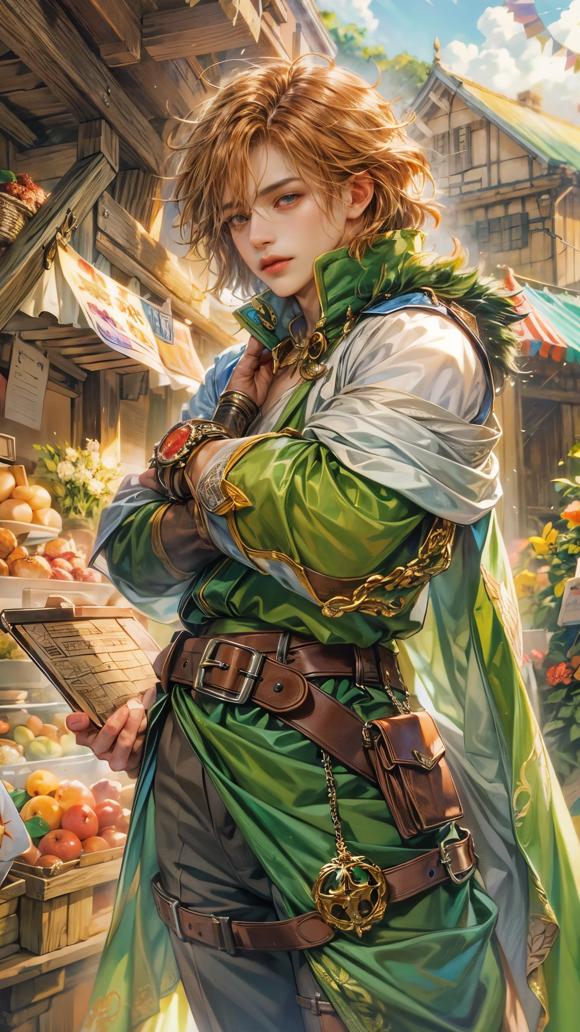 (absurdres, highres, ultra detailed, HDR), masterpiece, best quality, legend of mana character, guy angel, detailed face, handsome face, anime eyes, at the town market in domina , detailed character, detailed outdoor scenery, art kenouji