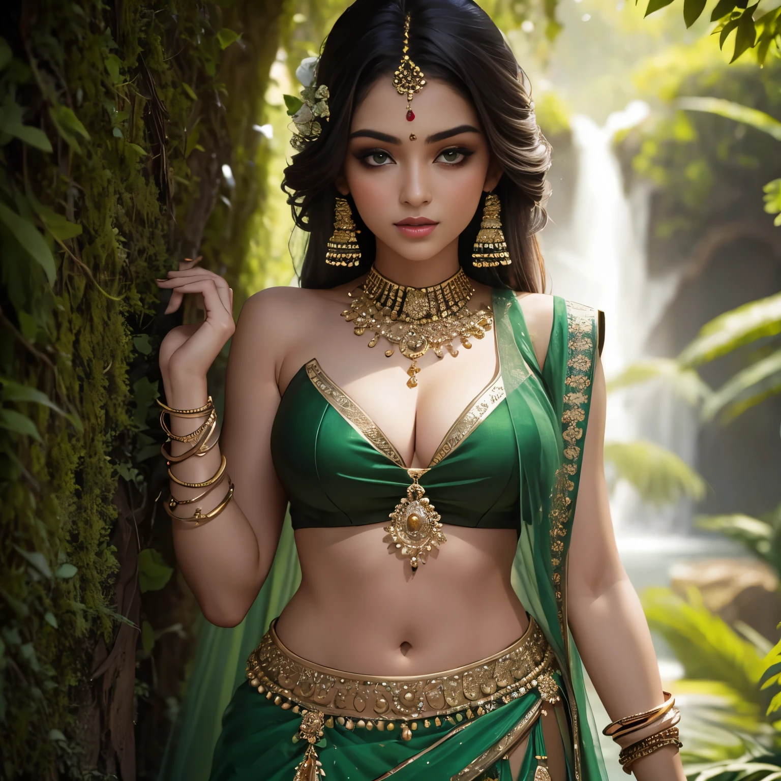 Sexy woman lights our day in a moss-green lehenga