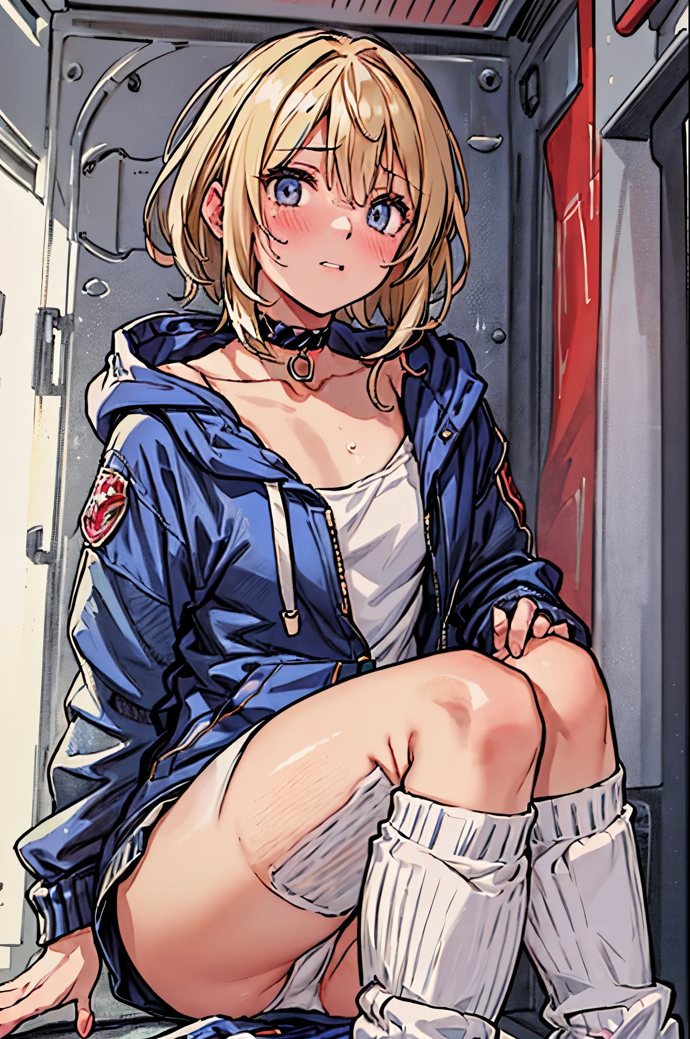 best quality,ultra-detailed,((background:inside the room1,8)),((from below shot1,8),((one boy1,8)),((femboy)),((fem boy)),((trap)),((bulge1,8)),((sitting)),((he is hugging own legs)),black-choker,((blonde short hair)),((man’s face)),((dress up as a woman)),((cry)),((tearful)),((bashful)),((blush)),((flustred)),((poor chest)),((flat chest)),(hooded jacket),(off-shoulder tops),(denim shorts),(short-length-leggings),(leggings-in black),(white loose socks),vibrant colors,soft lighting,