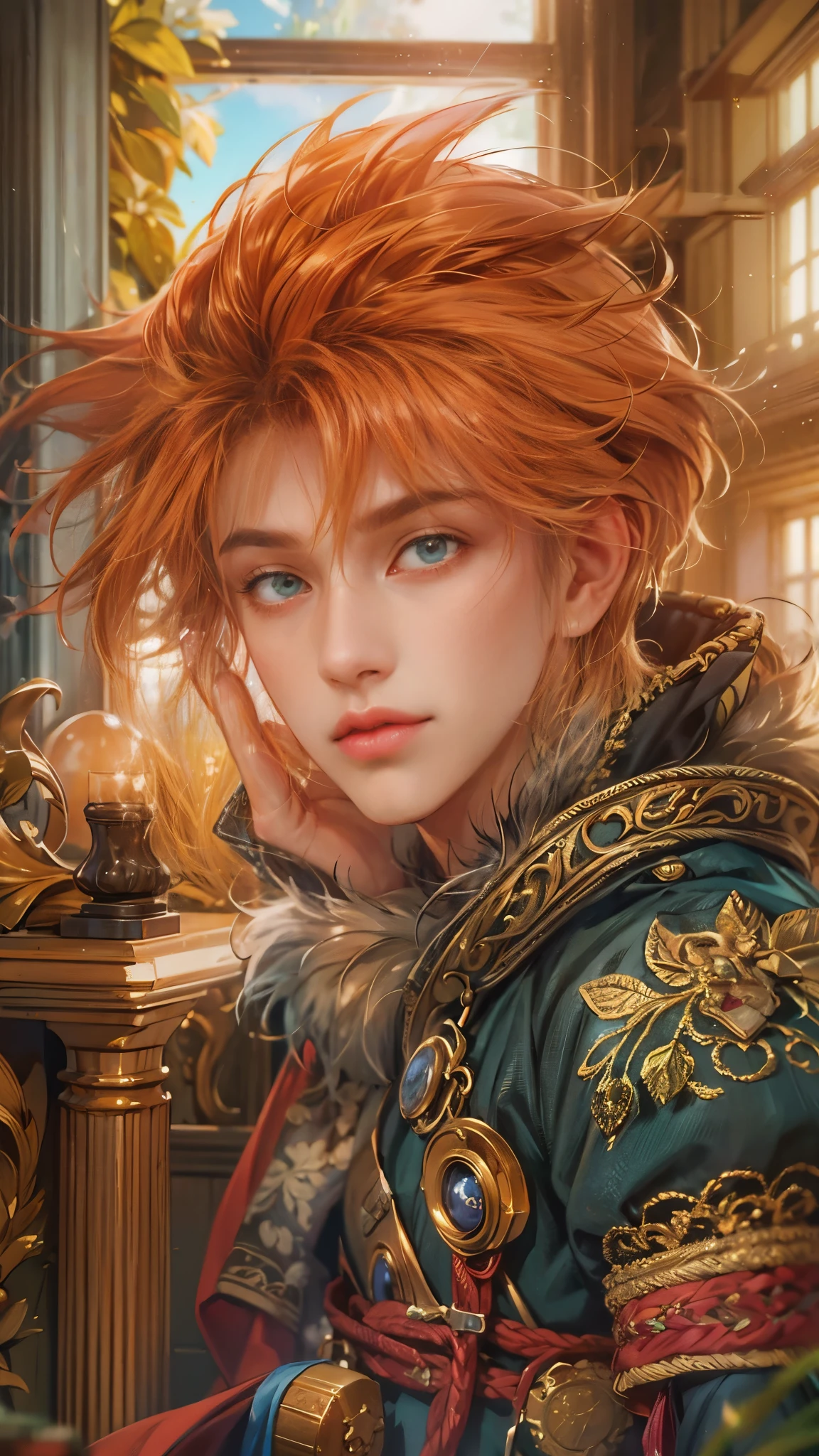 (absurdres, highres, ultra detailed, HDR), masterpiece, best quality, legend of mana character, boy hero, guy villain , detailed face, handsome face, anime eyes, inside home beside window, detailed character, detailed indoor, detailed home, art kenouji