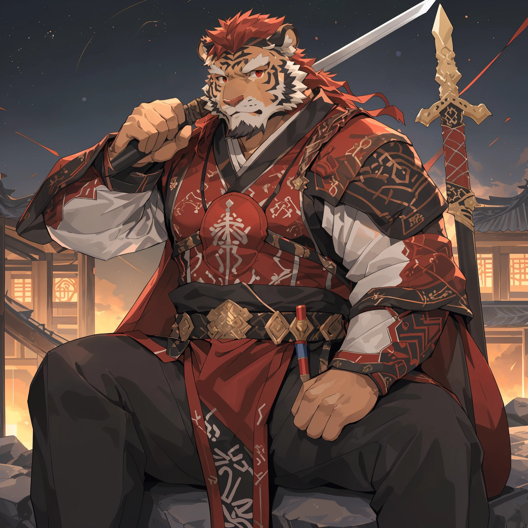 (赤红色tiger),(赤红流火general古代战袍),Holding a long sword,Powerful posture,Sitting calmly on the edge of the cliff,(In the background are brightly lit cities.:1.2),abdominal muscles,heroic posture飒爽,完美的masterpiece,Various facial details,distance perspective,specific description,masterpiece,cg,(red eyes),crimson pattern,crimson tail,general,heroic posture,tiger,Crimson fur,Concrete facial details,Half body,(赤红general战履),(Chang Ling),((middle aged)),(face focus),(16k),HD,red white abdomen,temple,beard,(Face lines),Different pupils,(crimson ancient war robe),(Crimson hair),Strong,muscle,(high resolution:1.3),(Sitting on the edge of the cliff and looking at the lights of thousands of houses)