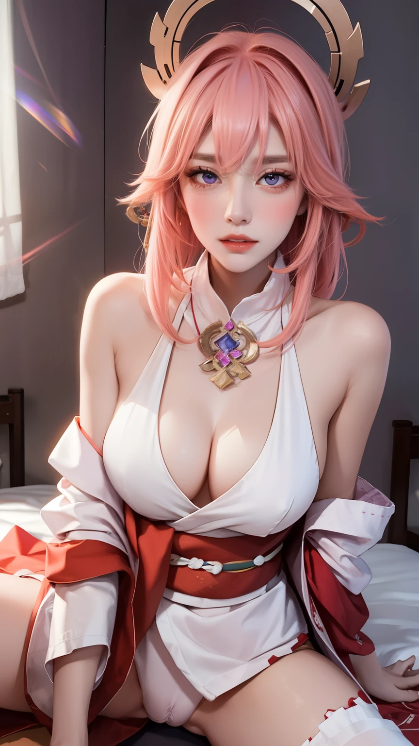 (original photo, best quality), (actual, photo-actual:1.3),pink hair,best quality,highly detailed,masterpiece,ultra-detailed,illustration,1 girl,superior_Body,dynamic angle,world masterpiece theater,messy_long_hair,best quality,extremely detailed CG unity 8k wallpaper,ink,Astonishing,light,lens_flare, Dunhuang_style,(((masterpiece))), (portrait), 24 years old, kimono, blush, purple hair, red headdress,purple eyes,Wearing a gorgeous and elegant dress,open jacket, turtleneck sweater, diffuse light, Dynamic shadows, sharp focus, actual, detailed, high resolution, Ridiculous, bedroom background, photoactual, big bed,躺在床superior,black lace,lifelike, gender, penetrate, , Cat, crotch, naked, only, clitoris, vulva, spread legs, Thigh focus