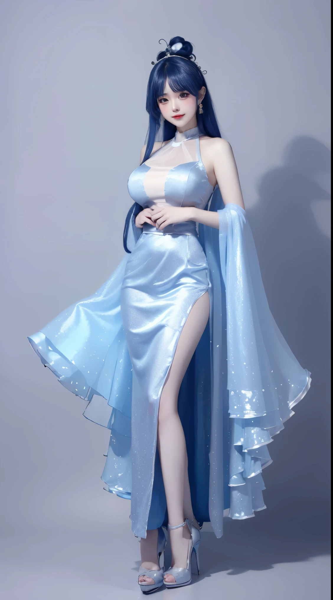 8k, Surreal, masterpiece, best quality, Super detailed, high resolution, random background, 1個Giant Breast Girl, (:1.5), Willow Yao, blue dress ，long skirt，translucent，Blue hair，stand，whole body，High heel，High heel，whole body，white silk