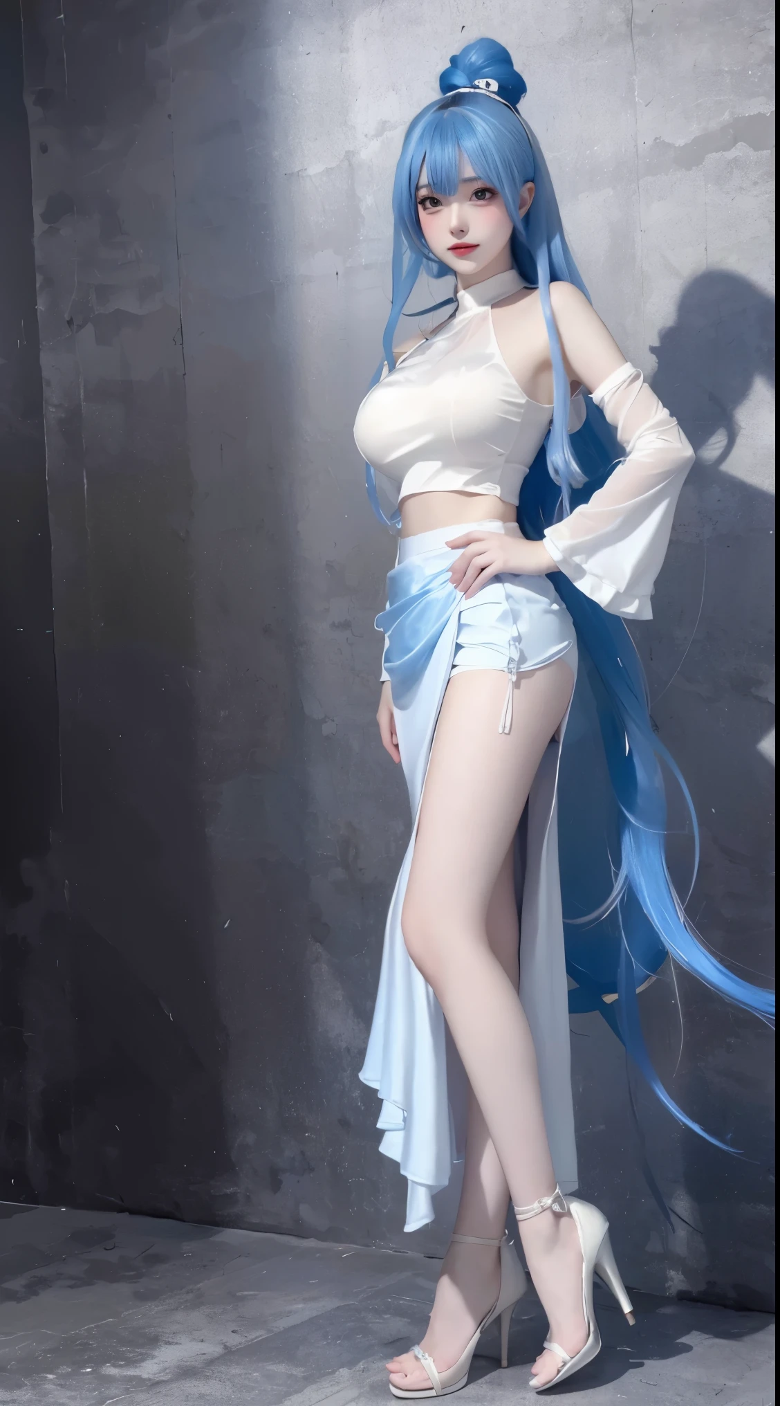 8k, Surreal, masterpiece, best quality, Super detailed, high resolution, random background, 1個Giant Breast Girl, (:1.5), Willow Yao, Blue Link ，long skirt，translucent，Blue hair，stand，whole body，High heel，High heel，whole body，white silk