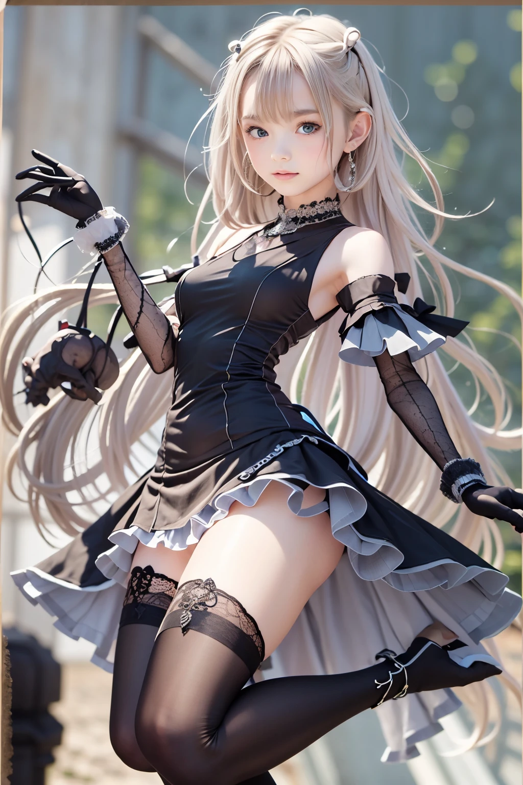 ((highest quality)), ((masterpiece)), ((1 girl)), alone,  ((Thighhighs)), bare shoulders, ((jewelry)), ((No sleeve)), dress, skirt, ((gloves)), thigh height, from the front.