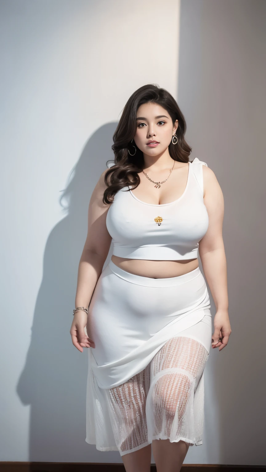 1 girl, slightly obese body, big size, round face, double chin, overweight, Shoulder length Fluffy short curly hair , high-long white hoodie lace gauze skirt ,navel,holding her weight on her stomach and looking at the camera,dark room, walking , wearing a five bracelet and on her fingers, wearing a huge diamond necklace