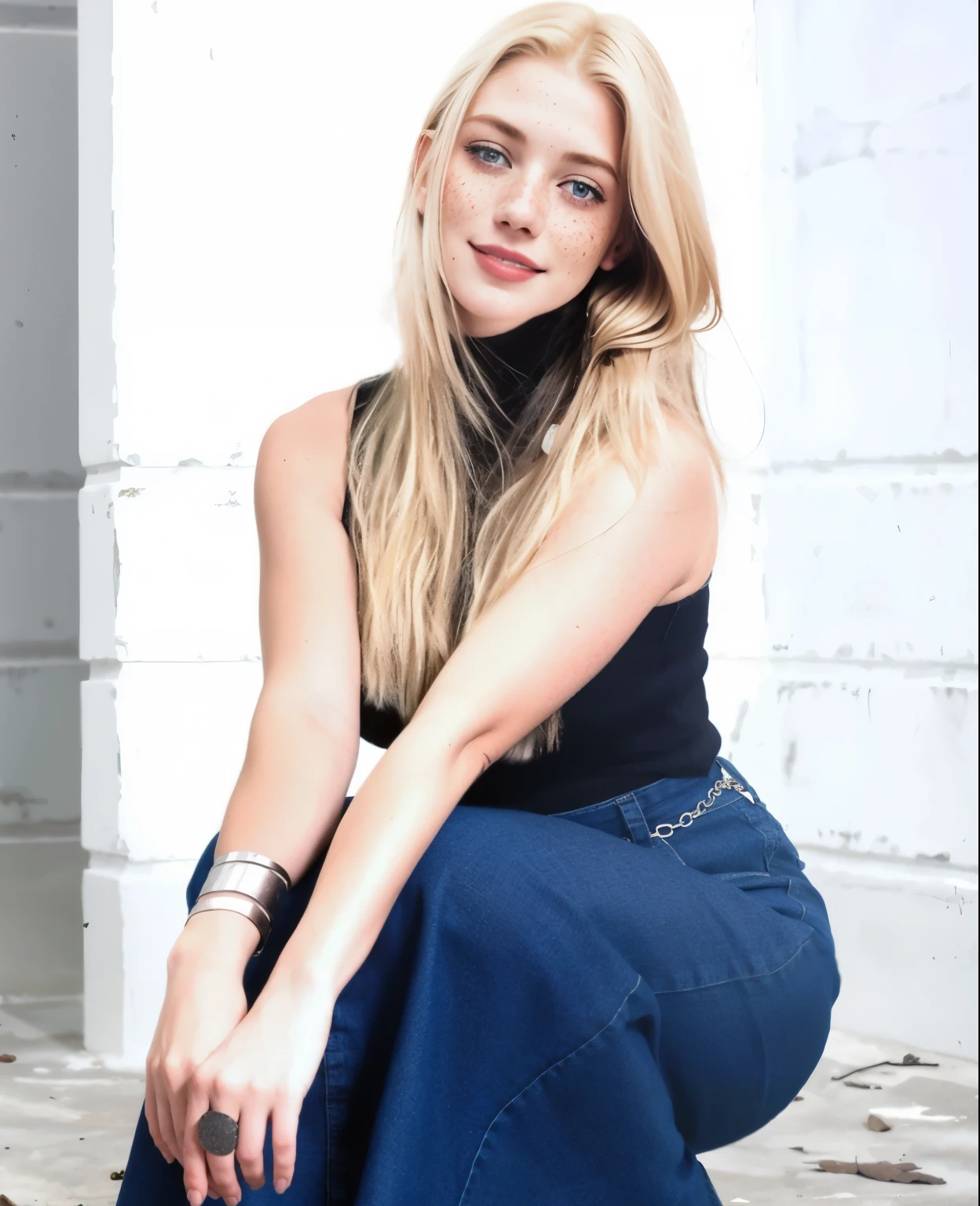 mulher, americana, 25 anos, pale skin and freckles, olhos cinzas, nariz delicado, soft and delicate lips, Cabelo blondie cinza longo e ondulados, sorriso meigo