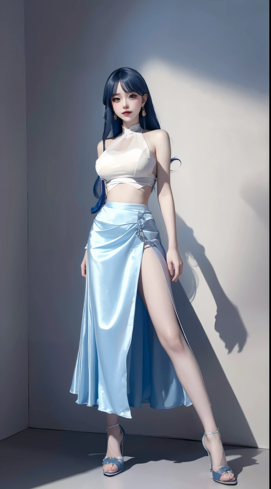 8k, Surreal, masterpiece, best quality, Super detailed, high resolution, random background, 1個Giant Breast Girl, (:1.5), Willow Yao, Blue Link ，long skirt，translucent，Blue hair，stand，whole body，High heel，High heel，whole body，white silk