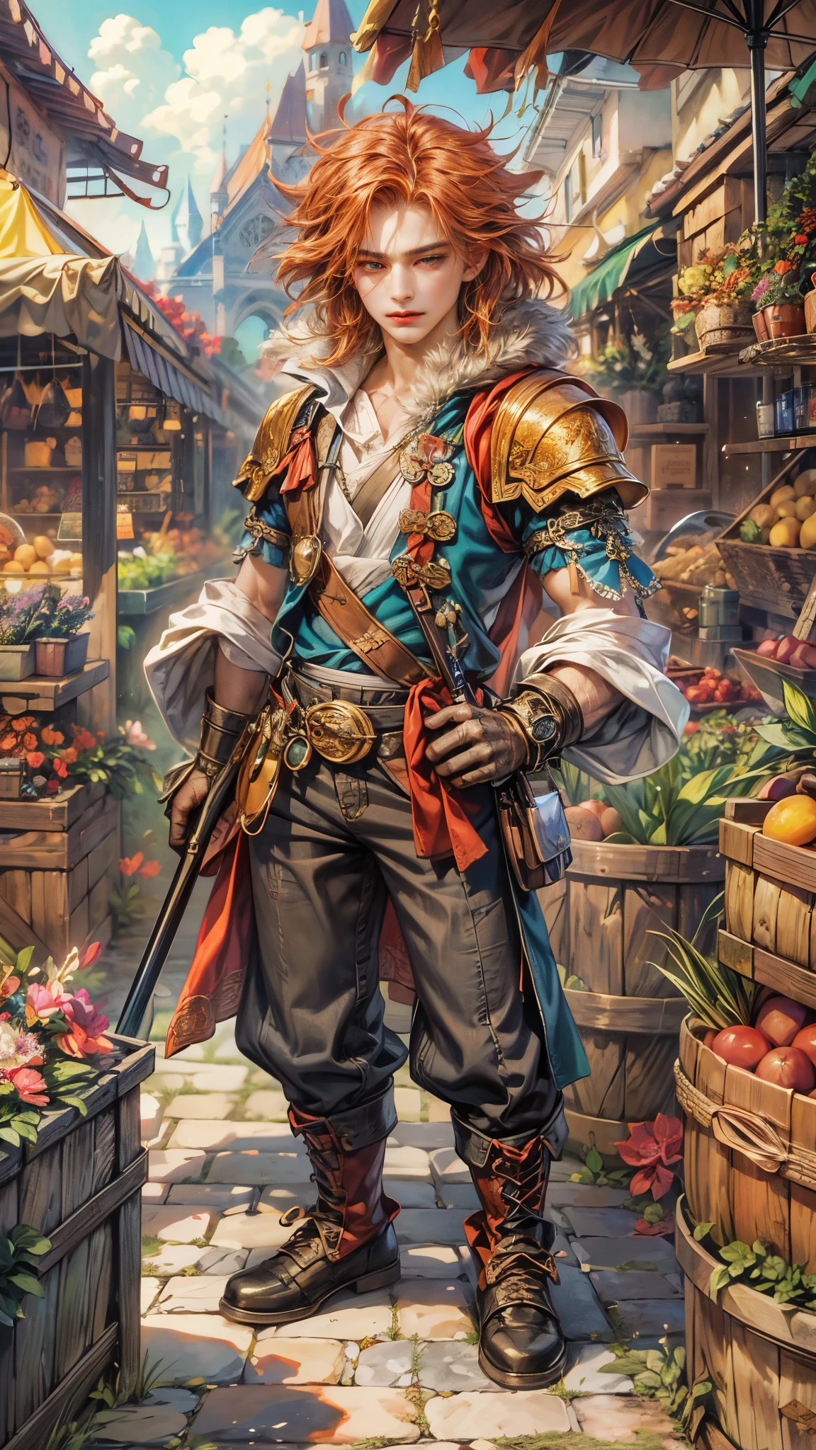 (absurdres, highres, ultra detailed, HDR), masterpiece, best quality, legend of mana character, winged guy villain, detailed face, handsome face, anime eyes, at the town market in domina , weapon market, magic tools market, aesthetic scenery, detailed character, detailed outdoor scenery, art kenouji