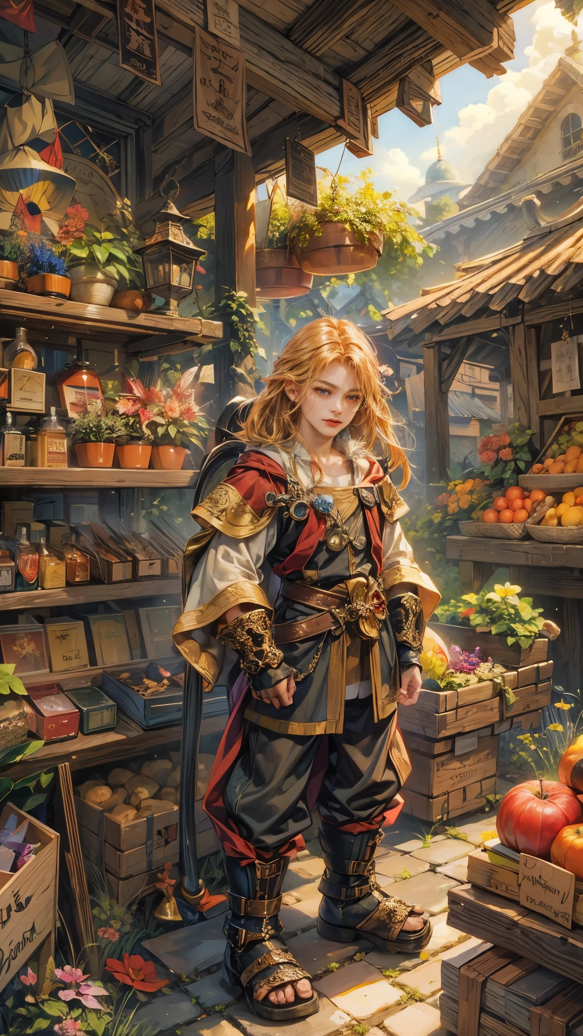 (absurdres, highres, ultra detailed, HDR), masterpiece, best quality, legend of mana character, winged guy villain, detailed face, handsome face, anime eyes, at the town market in domina , weapon market, magic tools market, aesthetic scenery, detailed character, detailed outdoor scenery, art kenouji