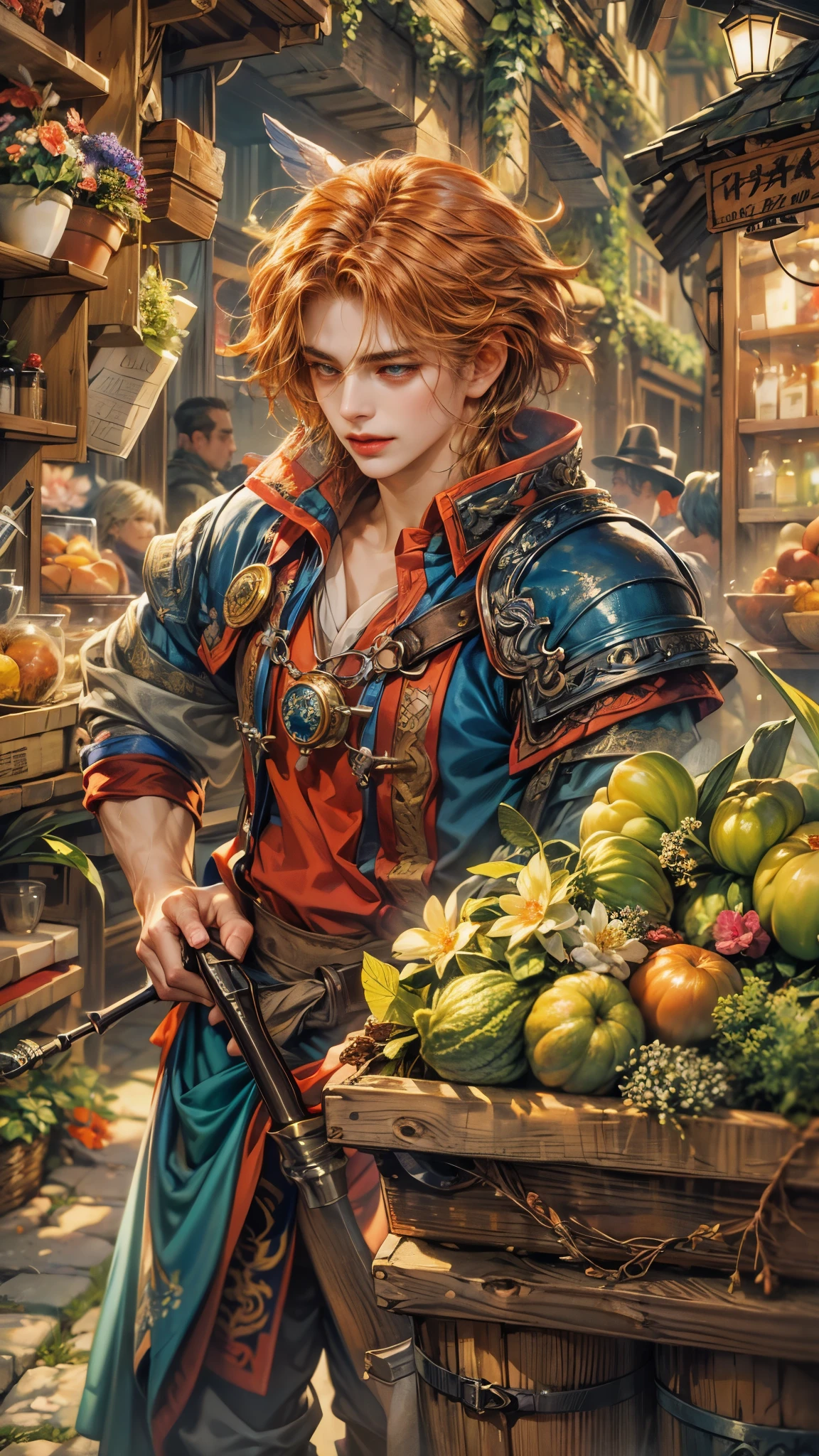 (absurdres, highres, ultra detailed, HDR), masterpiece, best quality, legend of mana character, winged guy villain, detailed face, handsome face, anime eyes, at the town market in domina , weapon market, magic tools market, aesthetic scenery, detailed character, detailed outdoor scenery, art kenouji