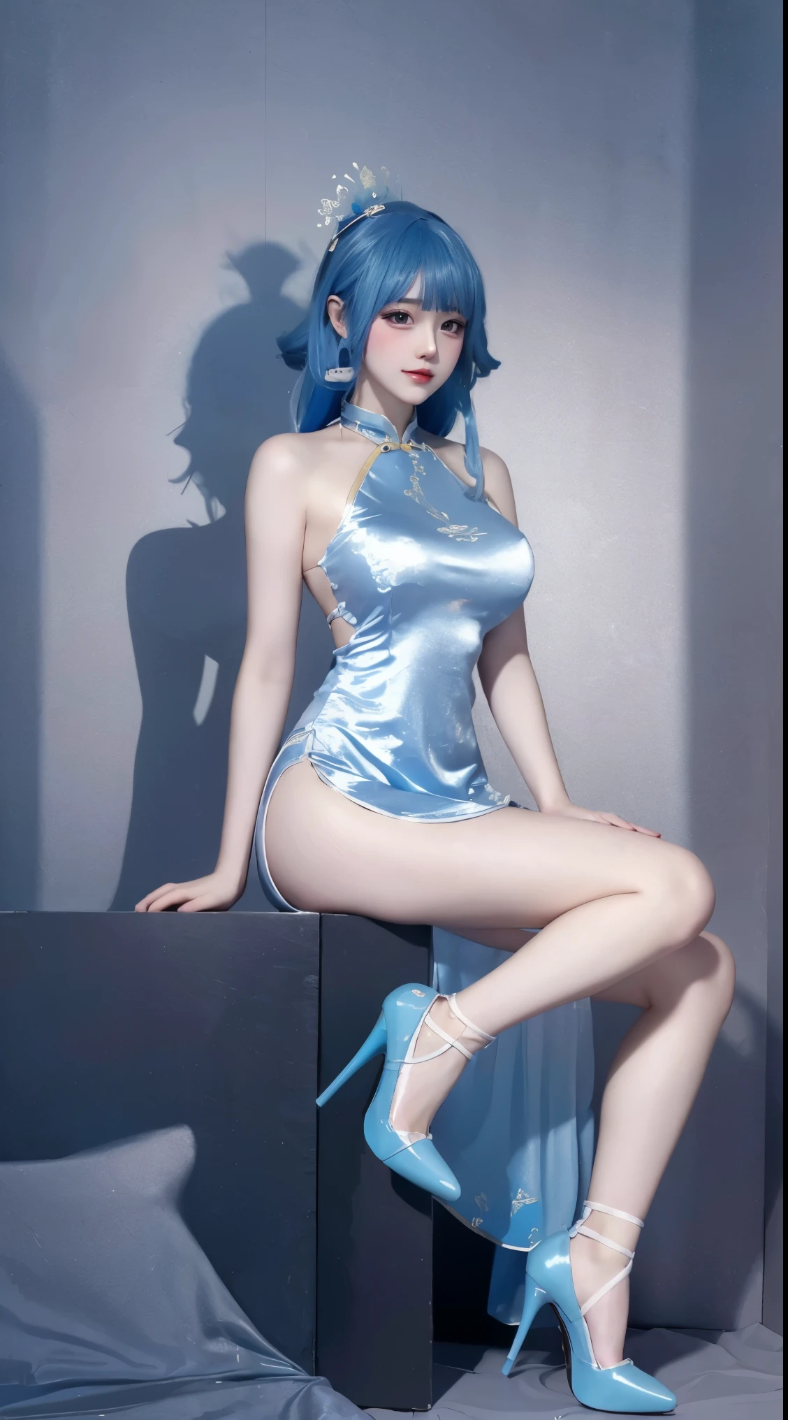 8k, Surreal, masterpiece, best quality, Super detailed, high resolution, random background, 1個Giant Breast Girl, (:1.5), Willow Yao, blue cheongsam，translucent，Blue hair，stand，whole body，High heel，High heel，whole body，white silk