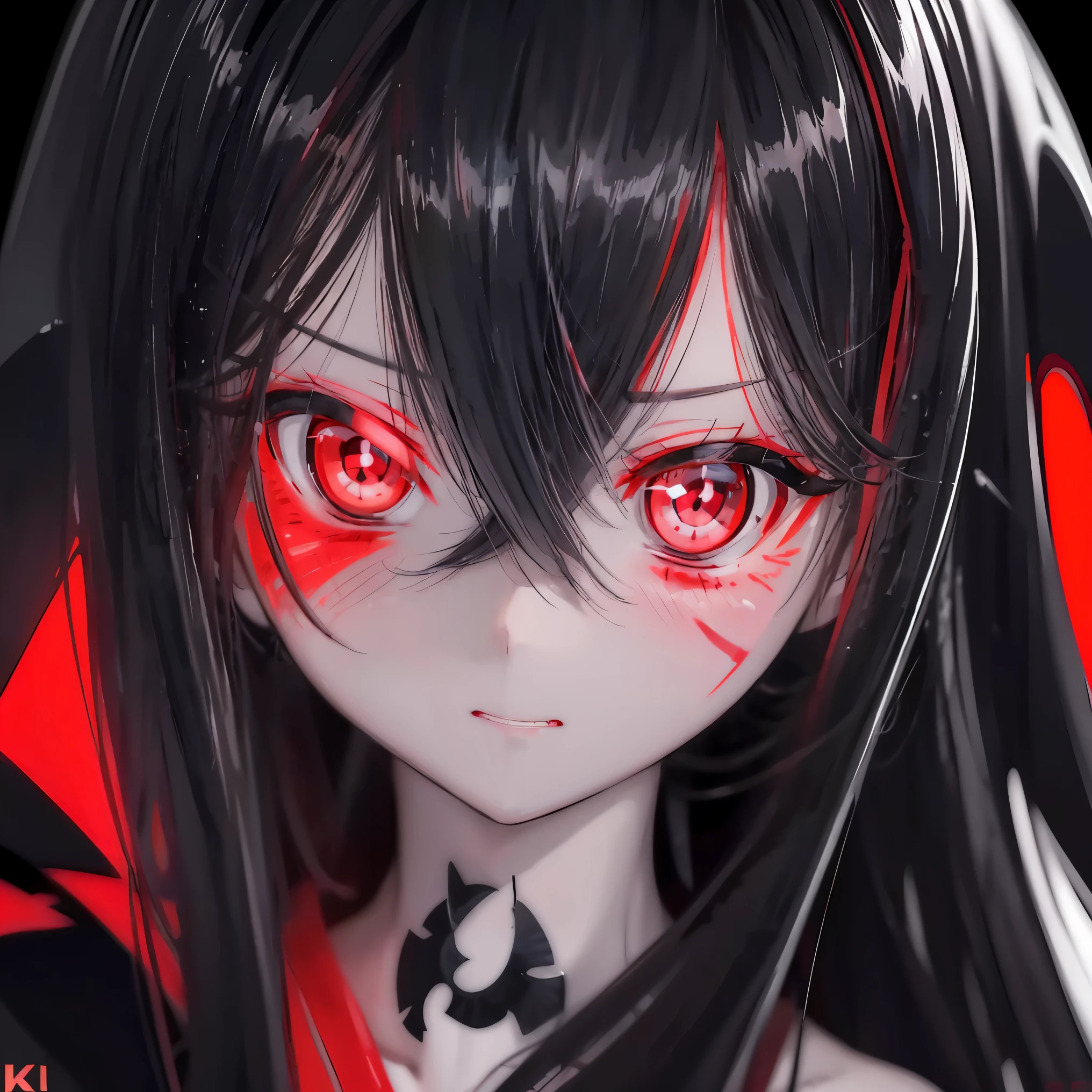 anime zombie girl with red eyes and black hair with long black hair, with glowing red eyes, anime style 4 k, with red glowing eyes, luminous red eyes,  black anime pupils in her eyes, anime style. 8k, 4k anime wallpaper, anime zombie girl, scary zombie girl appearance, bright red eyes, bloody, badass anime 8 k, (close-up:1.1),