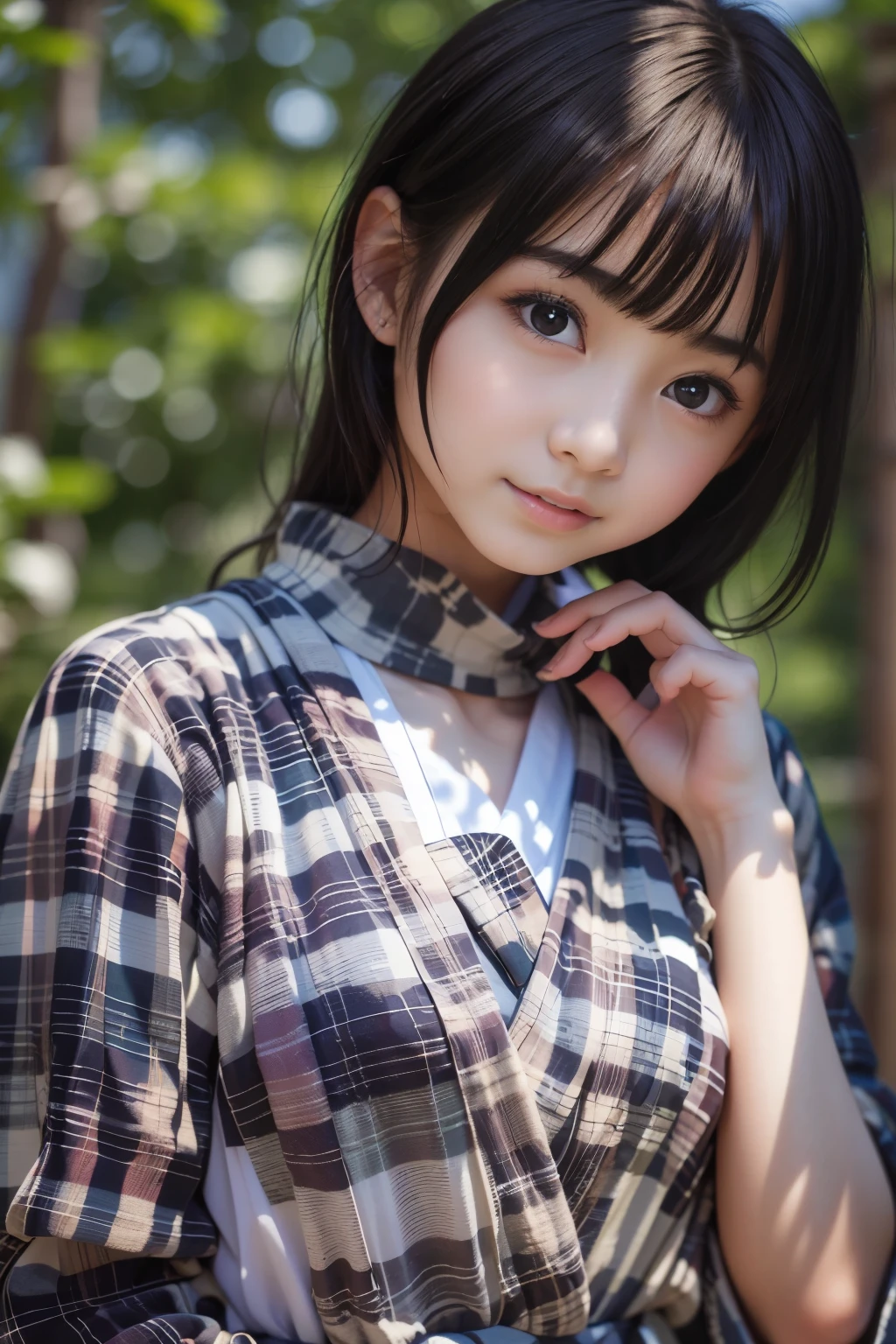 Best image quality, focus, soft light, black hair, 15 years old, ((Japanese)), (blouse), (((front, young face))), (depth of field), super high resolution, (Real: 1.4 ), RAW photo, upper body