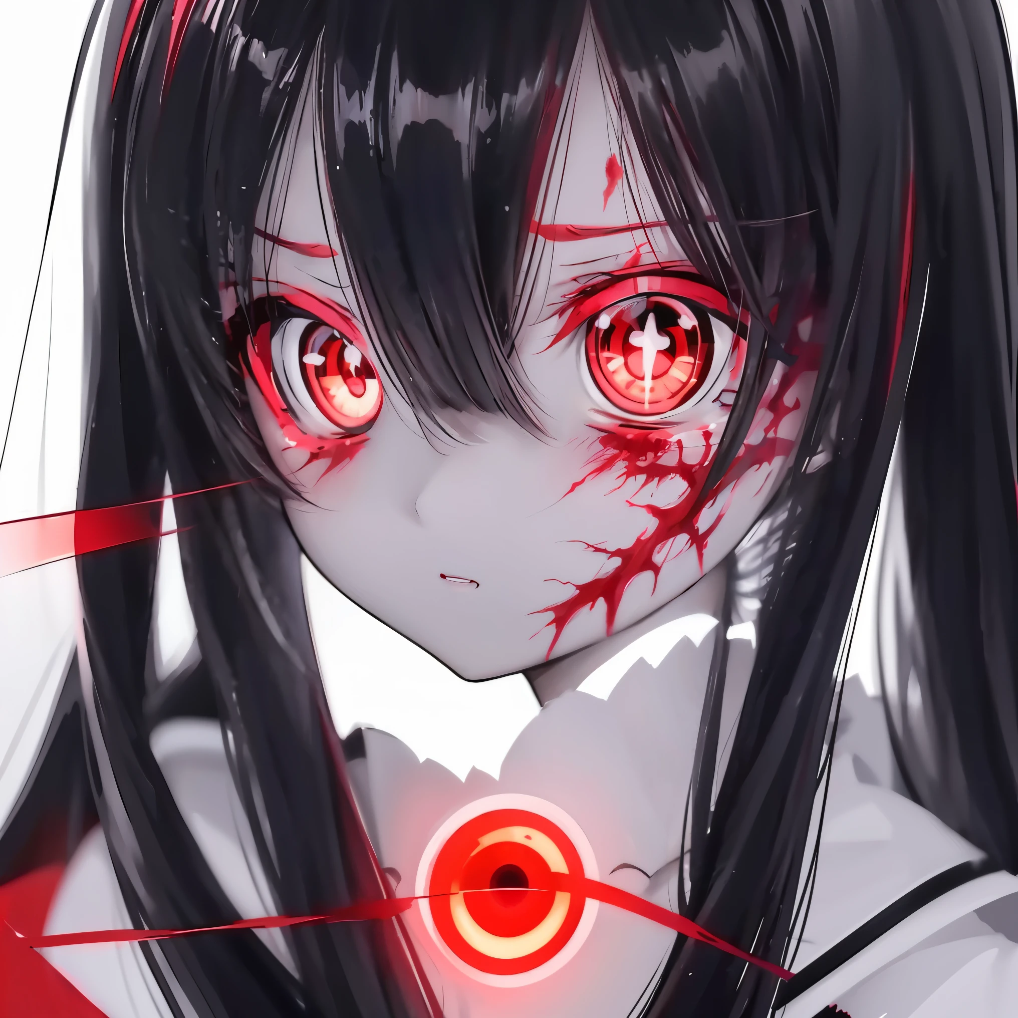 anime zombie girl with red eyes and black hair with long black hair, with glowing red eyes, anime style 4 k, with red glowing eyes, luminous red eyes,  black anime pupils in her eyes, anime style. 8k, 4k anime wallpaper, anime zombie girl, scary zombie girl appearance, bright red eyes, bloody, badass anime 8 k, (close-up:1.1),