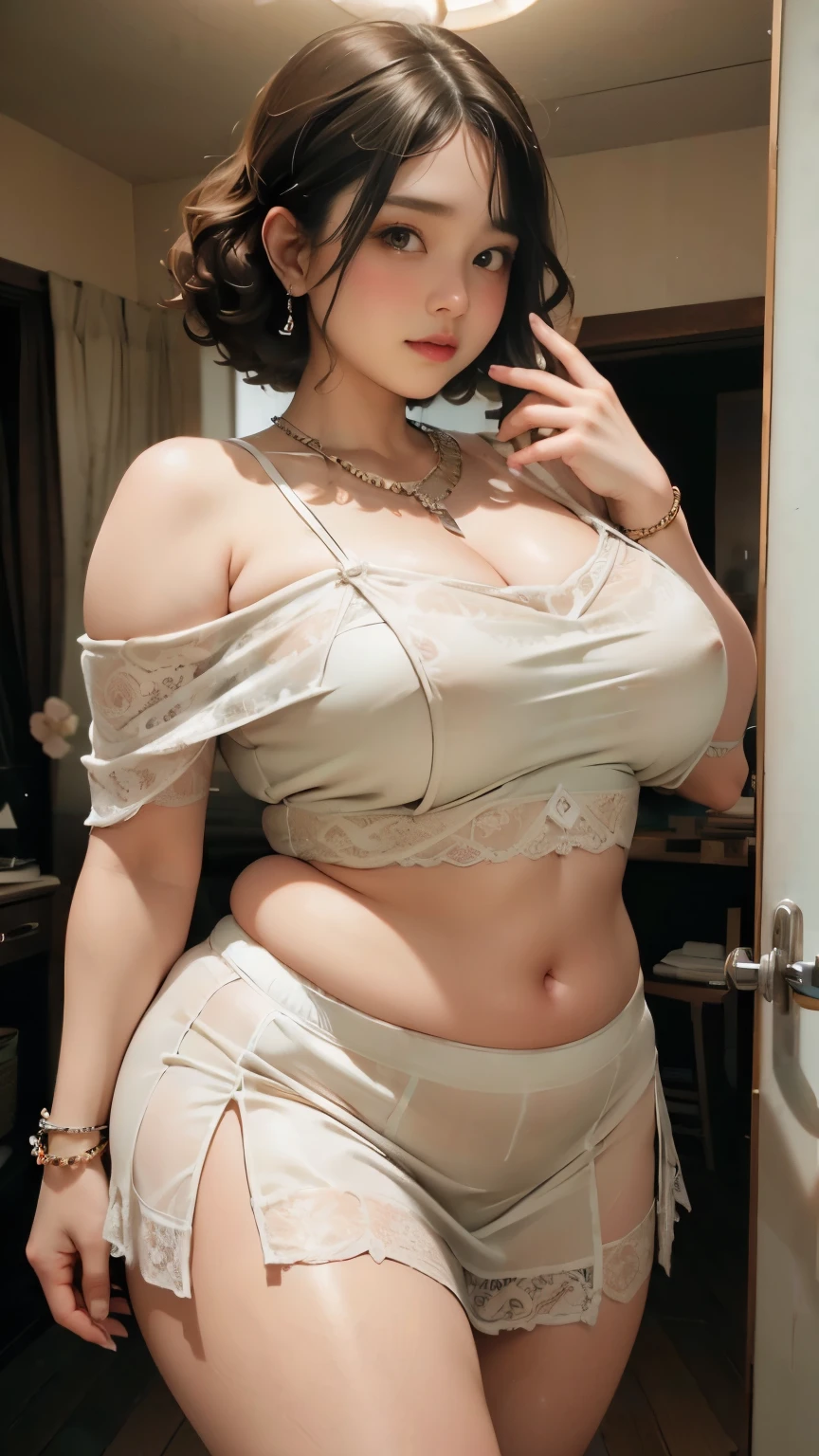 1 girl, slightly obese body, big size, round face, double chin, overweight, Shoulder length Fluffy short curly hair , high-long white hoodie lace gauze  skirt ，navel，holding her weight on her stomach and looking at the camera，dark room, walking , wearing a five bracelet and on her fingers, wearing a huge diamond necklace 
