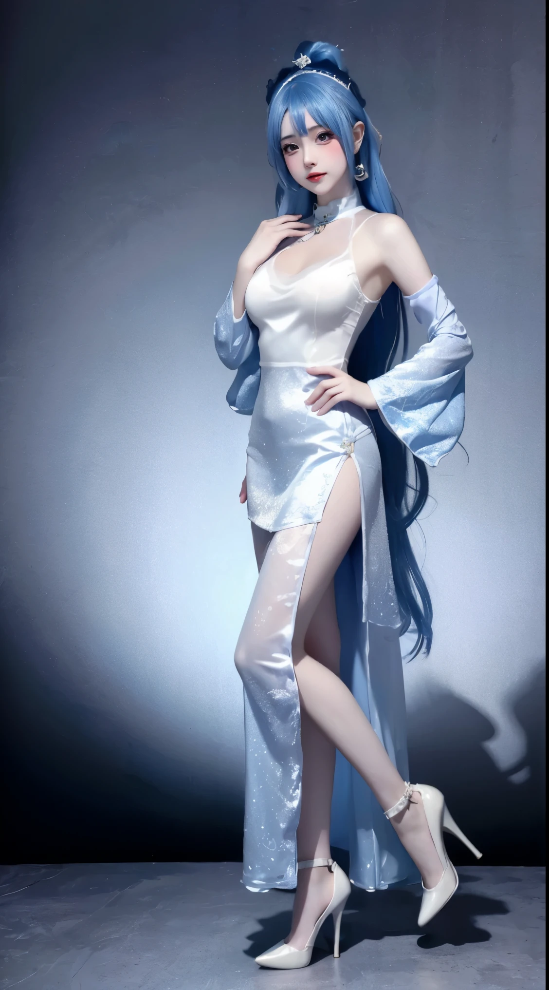 8k, Surreal, masterpiece, best quality, Super detailed, high resolution, random background, 1個Giant Breast Girl, (:1.5), Willow Yao, blue cheongsam，translucent，Blue hair，stand，whole body，High heel，High heel，whole body，white silk