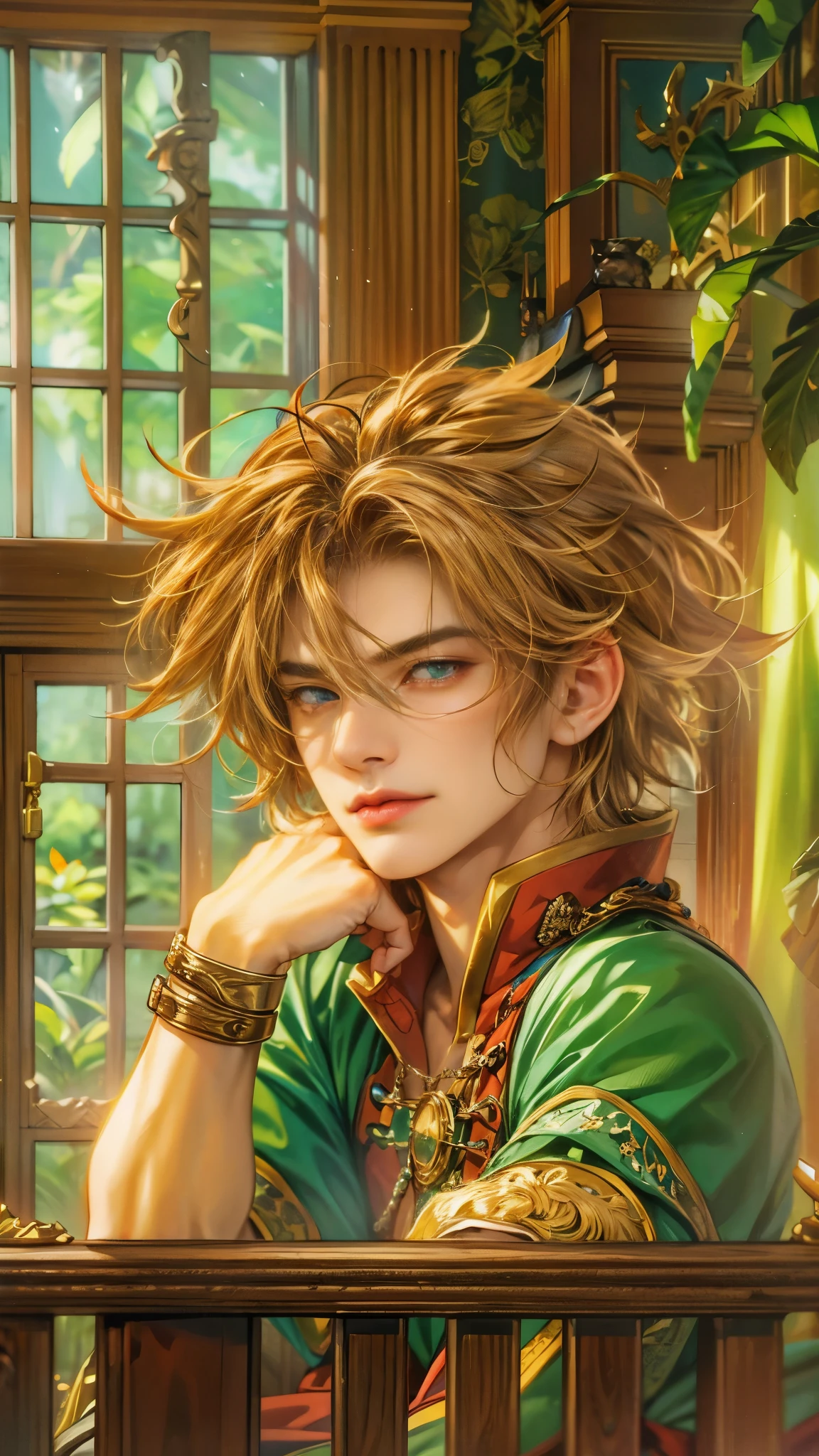(absurdres, highres, ultra detailed, HDR), masterpiece, best quality, legend of mana character, boy hero, guy villain , detailed face, handsome face, anime eyes, inside home beside window, detailed character, detailed indoor, detailed home, art kenouji