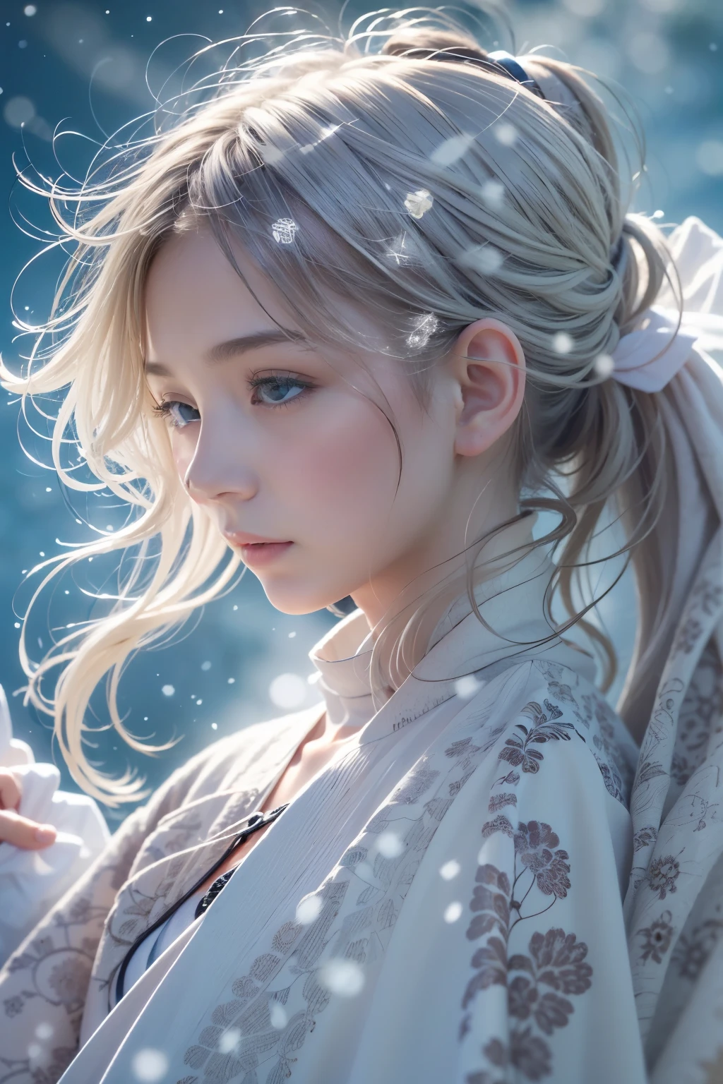 masterpiece, (highest quality: 1.2), (super fine: 1.2), figure, (very delicate and beautiful: 1.2), film angle, floating, (beautiful detail eyes: 1.1), (detail light: 1.1), film light, delicate sky, woman, gray hair, blue eyes, (high ponytail: 1.1), cloak, shining eyeoon: 1.2), (moonlight: 1.1), starry sky, (particles of light: 1.1), fog , snow painting, sketch, bloom