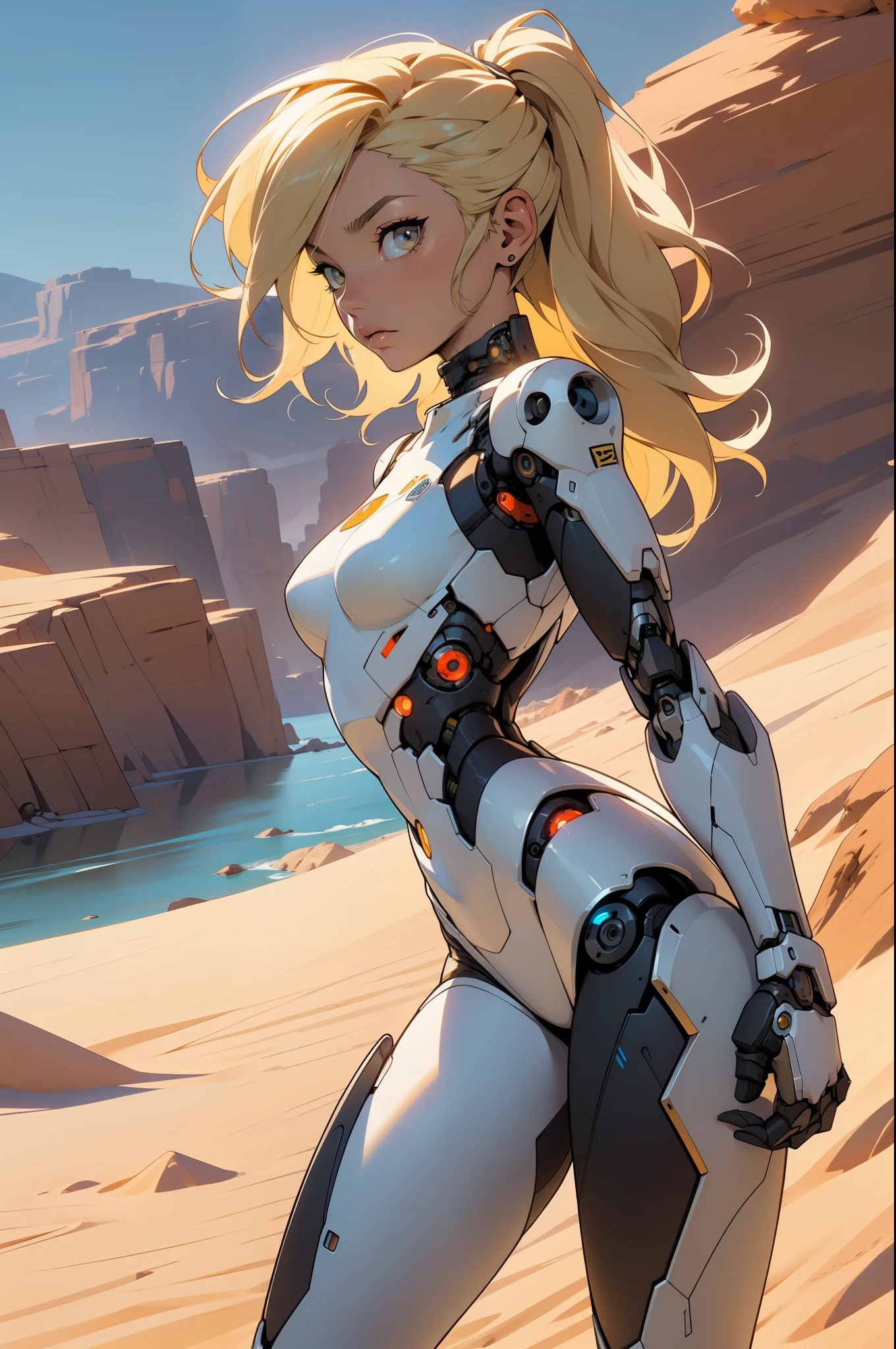 high quality, 4k, masterpiece, beautiful, cyborg girl, cowboy shot, dull eyes, back side, turning around to look at viewer, long blonde hair, girl, small breasts, fit thigh, robotic arms, robotic body, cyborg body, yellow accent, red accent, intricate detail, joint, detailed lines, robotic detail, holding fist up, holding hand up as fist, color robotic parts, robotic parts with color, perfect fingers, on a desert planet, sunny background, colorful desert, a river or a lake in the background
