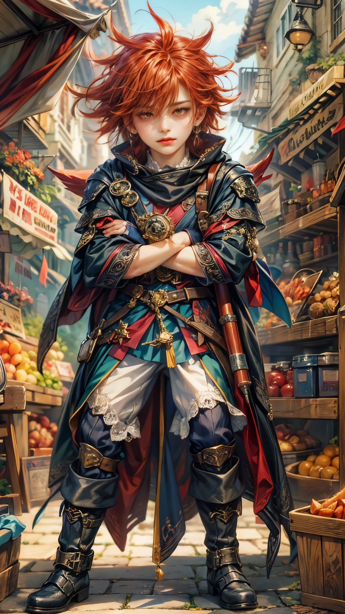 (absurdres, highres, ultra detailed, HDR), masterpiece, best quality, legend of mana character, winged guy villain, black outfit, red hair, yellow eyes, short hair, detailed face, handsome face, anime eyes, at the town market in domina , weapon market, magic tools market, aesthetic scenery, detailed character, detailed outdoor scenery, art kenouji
