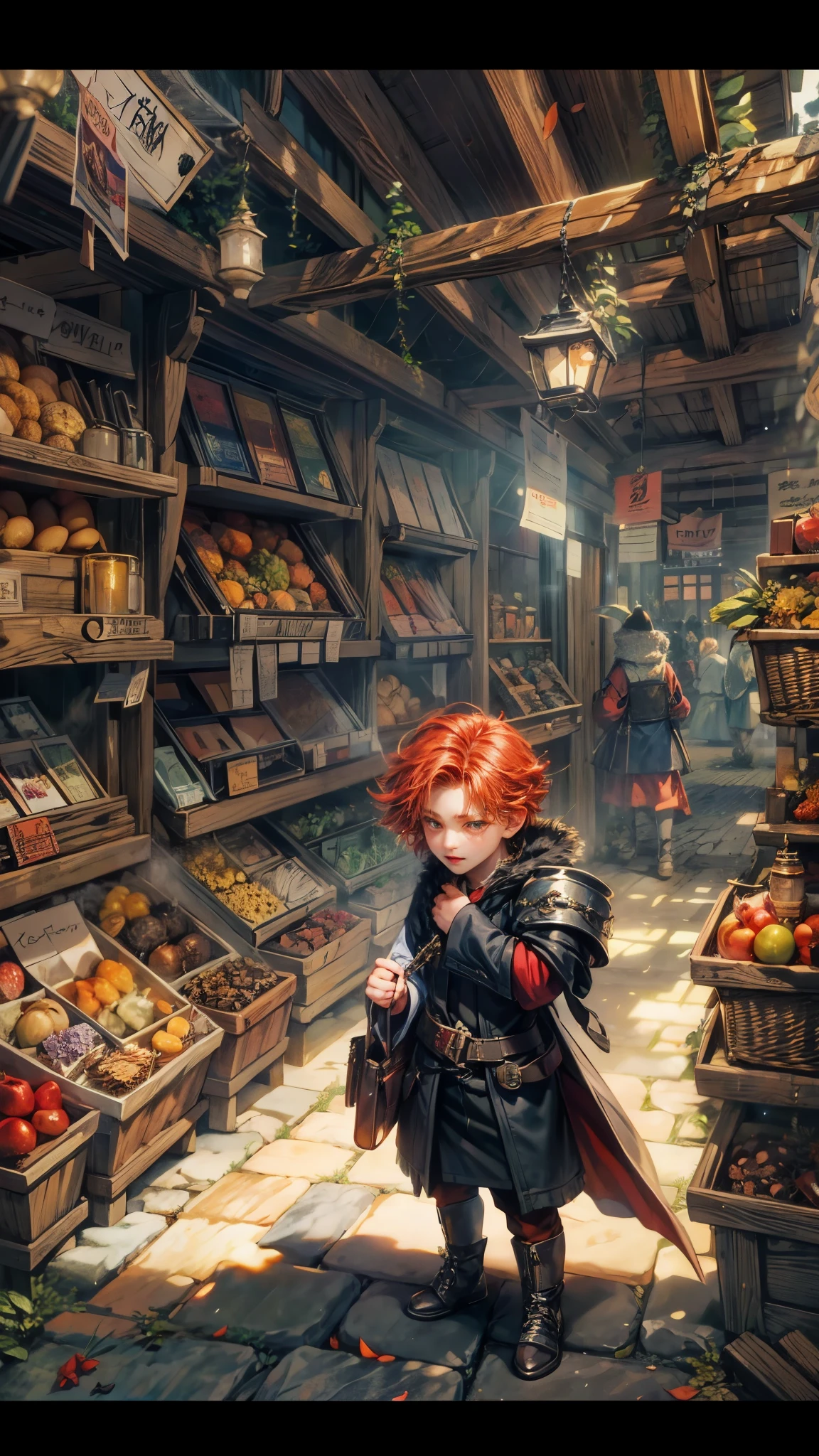 (absurdres, highres, ultra detailed, HDR), masterpiece, best quality, legend of mana character, winged guy villain, black outfit, red hair, yellow eyes, short hair, detailed face, handsome face, anime eyes, at the town market in domina , weapon market, magic tools market, aesthetic scenery, detailed character, detailed outdoor scenery, art kenouji