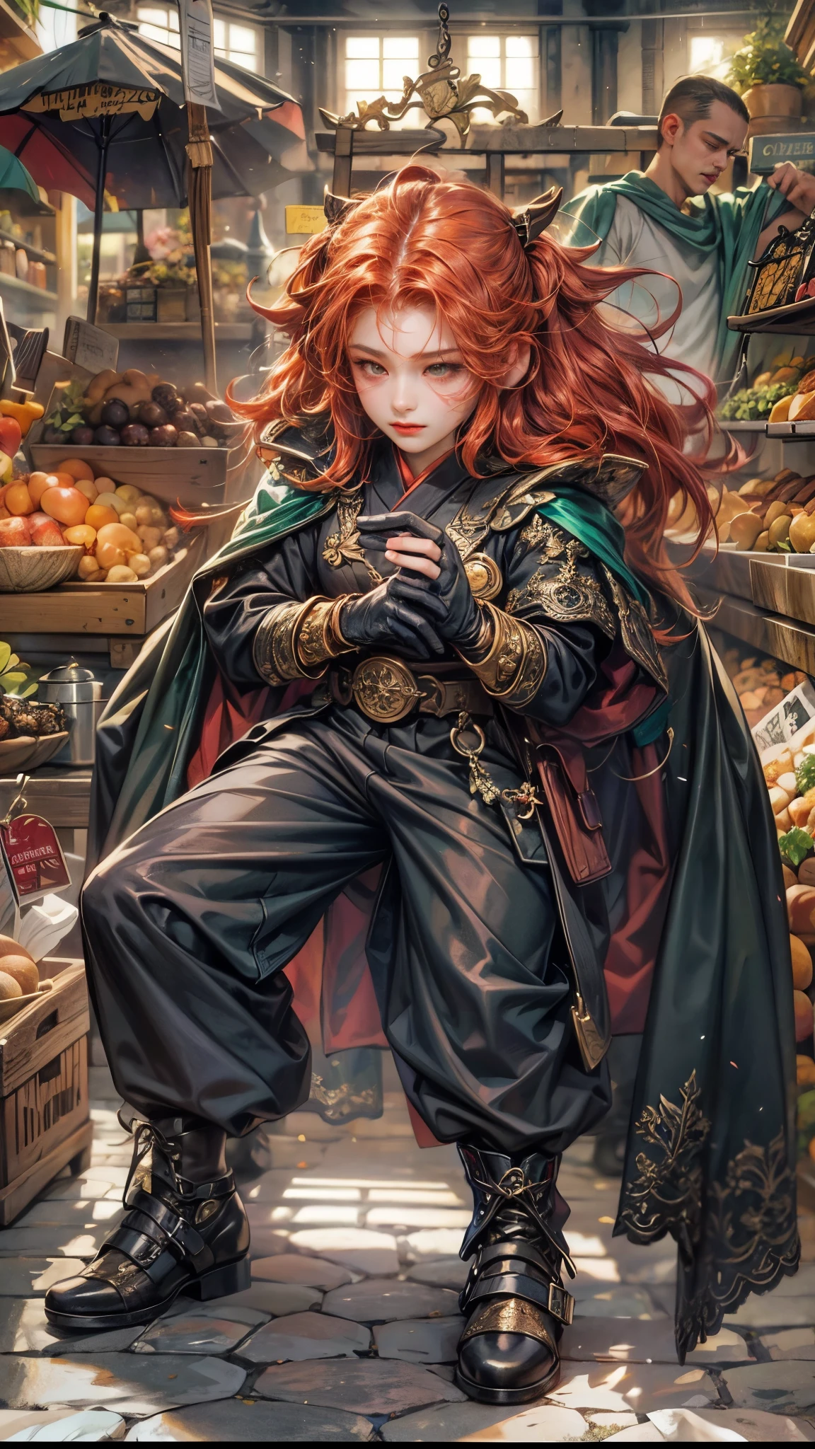 (absurdres, highres, ultra detailed, HDR), masterpiece, best quality, legend of mana character, winged guy villain, black outfit, red hair, yellow eyes, short hair, detailed face, handsome face, anime eyes, at the town market in domina , weapon market, magic tools market, aesthetic scenery, detailed character, detailed outdoor scenery, art kenouji