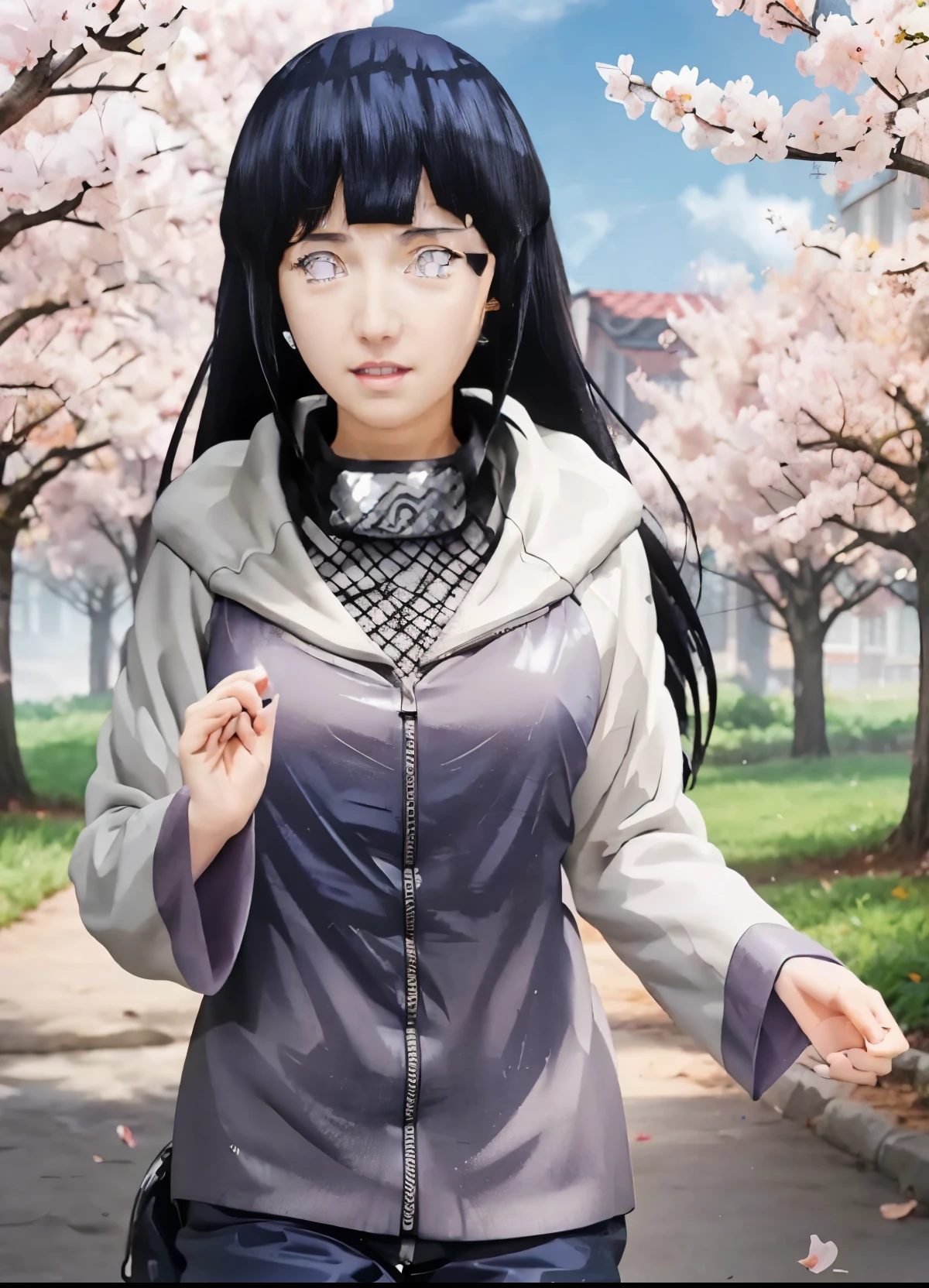 a close up of a person with long hair and a hoodie, hinata hyuga, hinata hyuga from naruto, from naruto, as an anime character, perfect anime face, she has dark blue hair with bangs, female anime character, anime character, anime best girl, hime cut hairstyle, dark blue hair, (red glossy lips:1.3), light purple eyes, smile, (beautiful face:1.3)