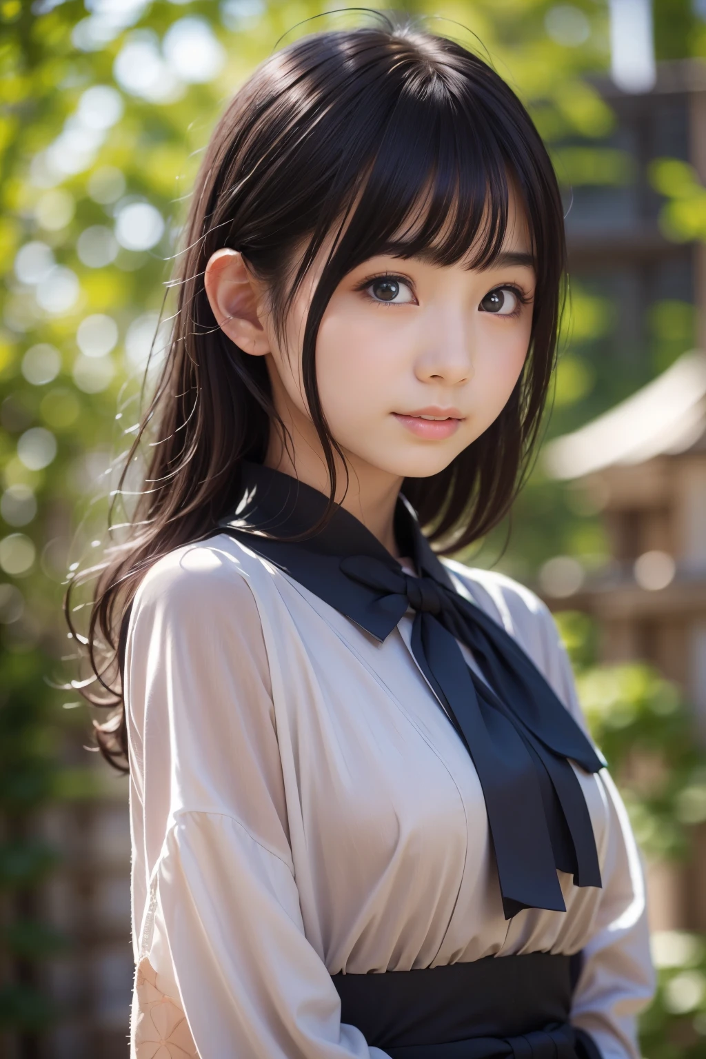 Best Quality, Focus, Soft Light, Black Hair, (Japanese)), (Blouse), (((Front, Young Face))), (Depth of Field), Ultra High Resolution, (Realistic: 1.4), RAW Photo, Upper Body