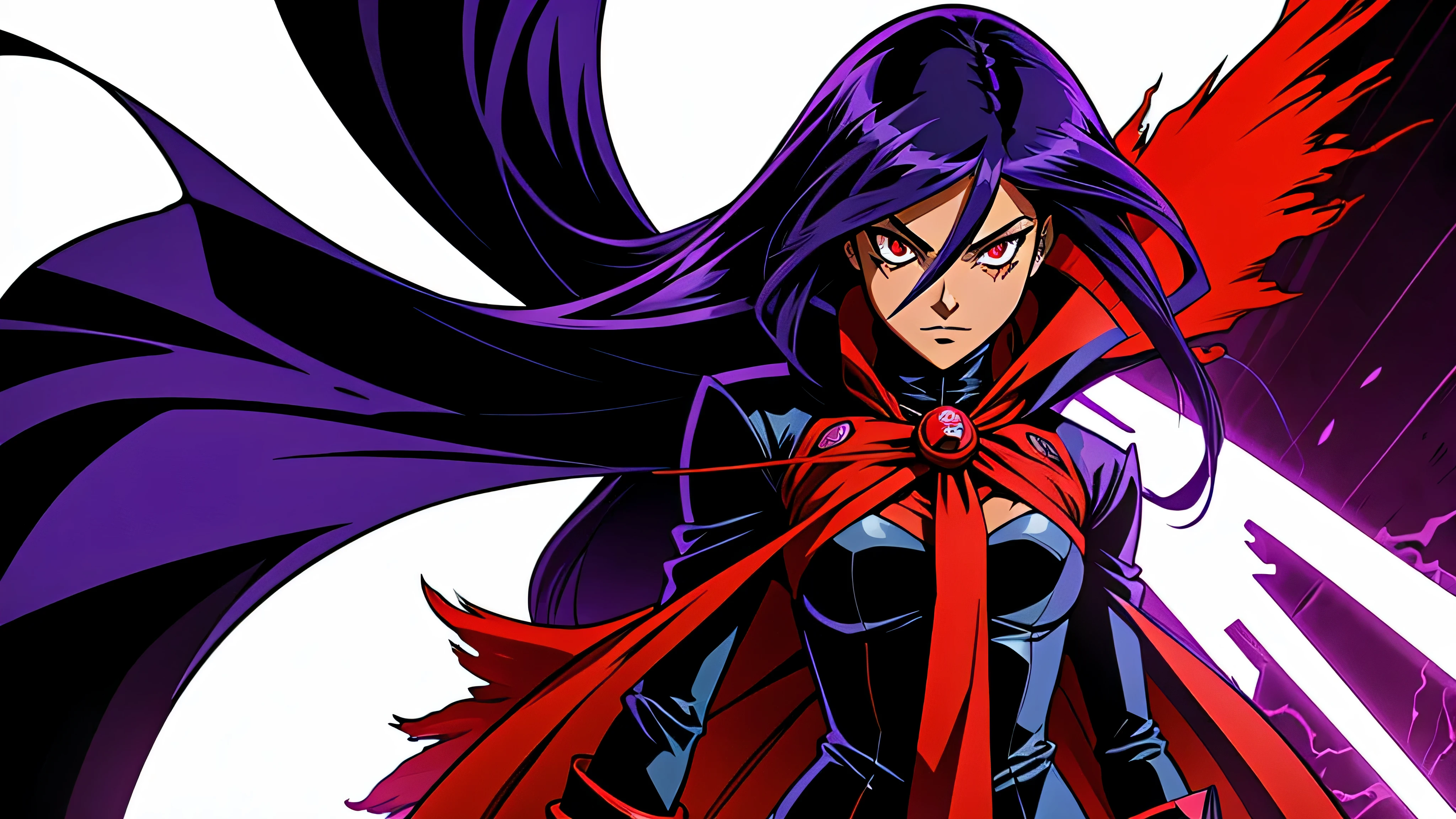 1 garota de anime, corpo inteiro, roupa preta e vermelha, akame ga kill, fundo roxo e preto, Neon
