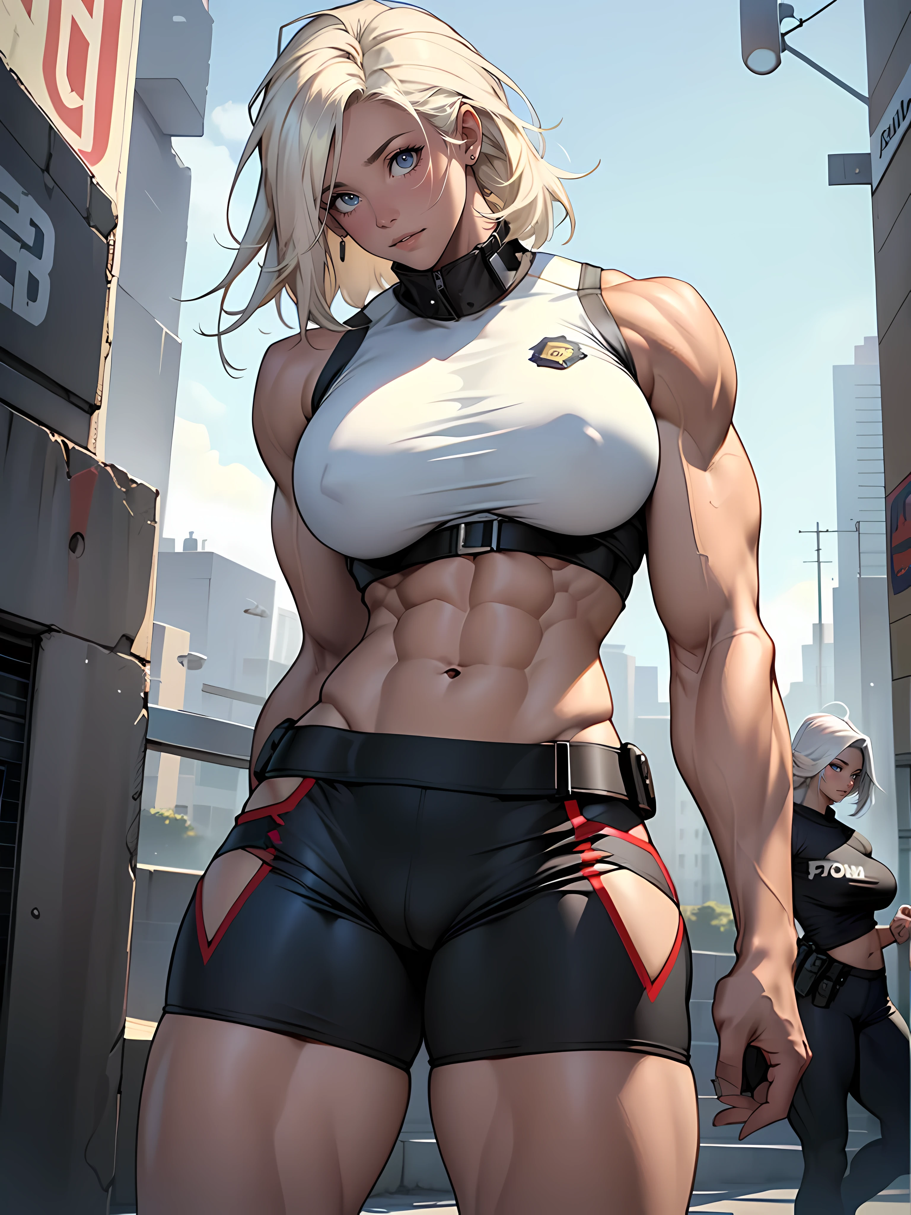 (1girl), cabelos pretos, cabelos extremamente longos, olhos amarelouscular Quadricepassive Female Bodybuilder))), ((((Huge breasts)))), (coxas grossas), sozinho, irritado, (pale skin), cowboy shot, (police), Sem censurar, sem roupa, pelada, sem calcinha, no-bra