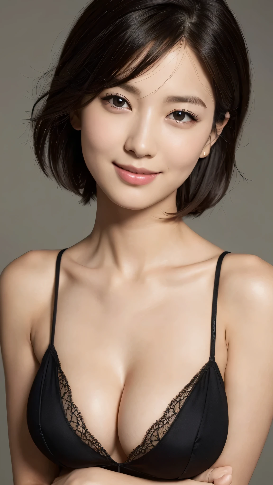 highest quality, very high resolution, (realistic:1.4), (Accurate reproduction: 1.4), big breasts, facial details, fine eyes, short hair, clavicle, Extreme Close Up clavicle, sexy camisoles, From different perspectives, shiny skin, smile,