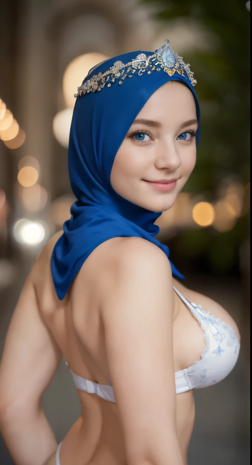 Hyper realistic, Beautiful, cute Face,  russian lolita Girl, blue eyes, (wearing hijab), Detailed super mini white lingerie Dress, tiara, cleavage cutout, Rounded Breast,slightly Chubby , luxury necklace, White Skin, Smiling, Dark City Background, mid shot, upper body, Perfect Potrait, Bokeh Effect, Look at Viewer, Armpit, Perfect Eye, Perfect Hand, Perfect Finger, Bracelet, Ring, (breastssize:1.2), ((adorable:1.2)), ((masterpiece:1.1)), ((bokeh:1.2)), super gigantic breast,super slim body, small ass, small waist, blonde, long hair, 