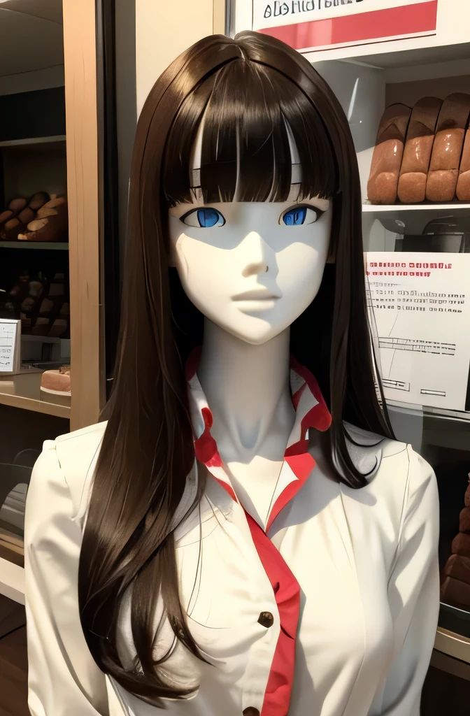 One full body mannequin is eating sausage,that mannequin is beautiful,That mannequin is 45 years old.,mannequin color'The face is pure white.,mannequin color'The body is pure white.,That mannequin has a thin and small face..,That mannequin has brown hair.(very flat straight hair,bangannequin is wearing a girl' high school uniform.