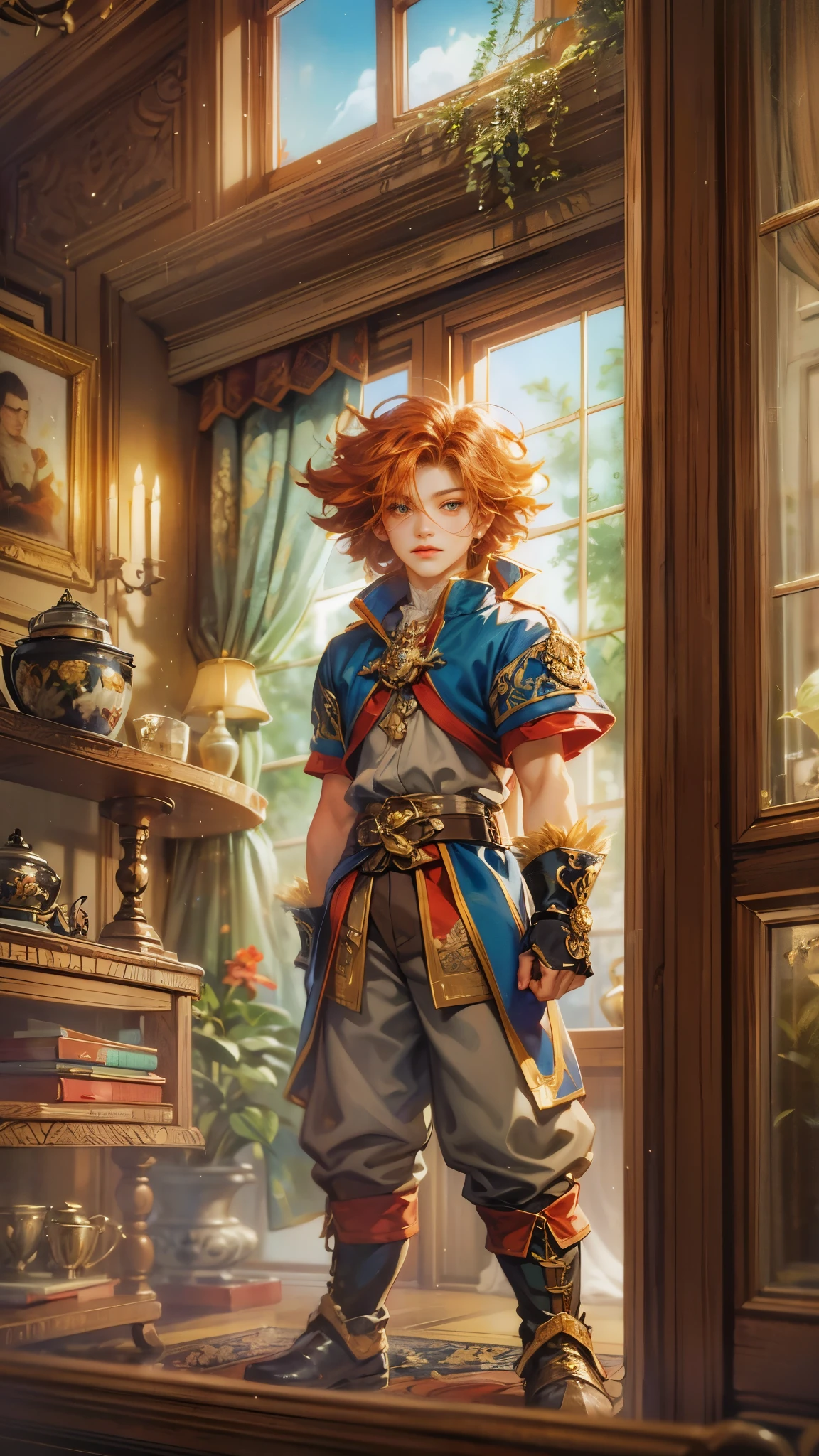 (absurdres, highres, ultra detailed, HDR), masterpiece, best quality, legend of mana character, boy hero, guy villain , detailed face, handsome face, anime eyes, inside home beside window, detailed character, detailed indoor, detailed home, art kenouji