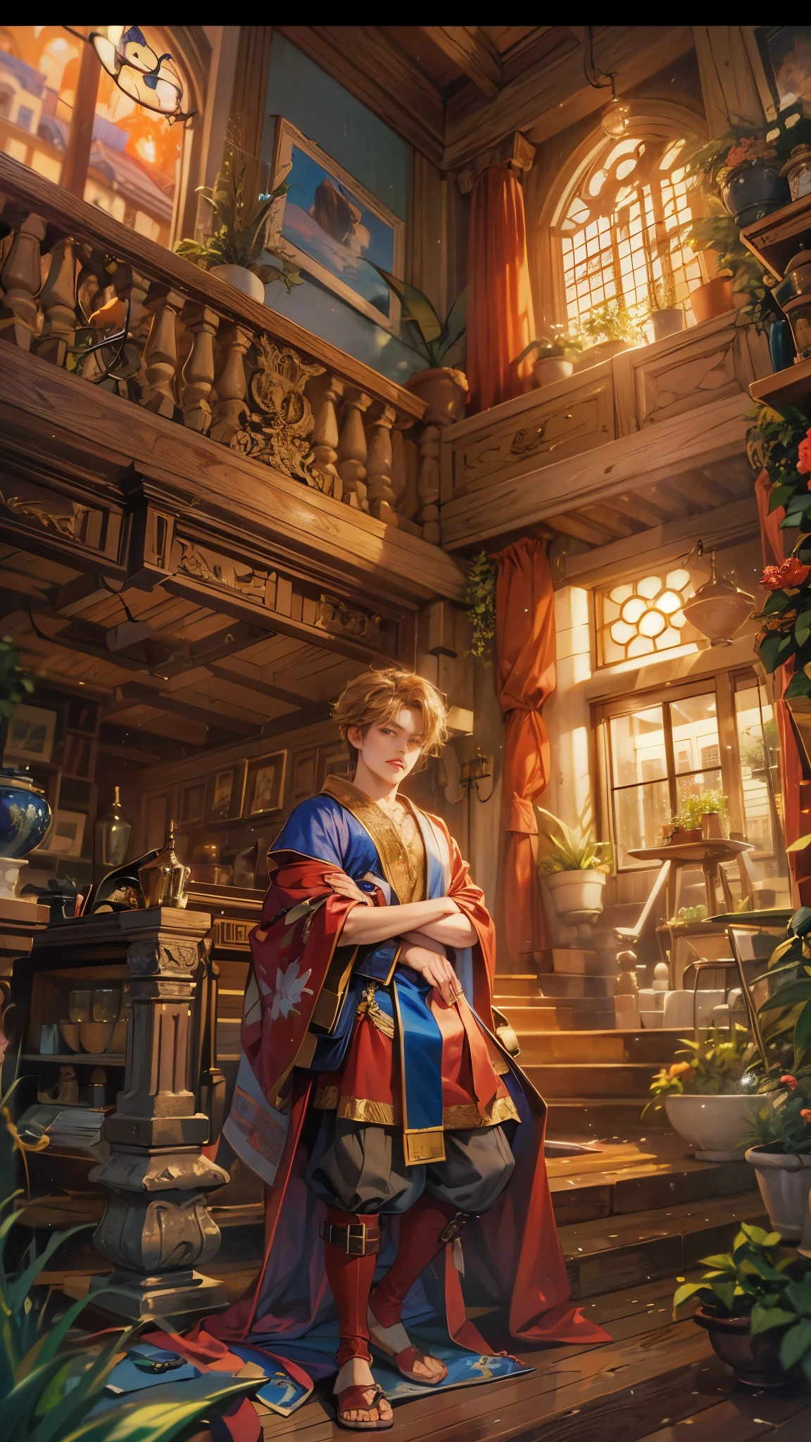 (absurdres, highres, ultra detailed, HDR), masterpiece, best quality, legend of mana character, boy hero, guy villain , detailed face, handsome face, anime eyes, inside home beside window, detailed character, detailed indoor, detailed home, art kenouji