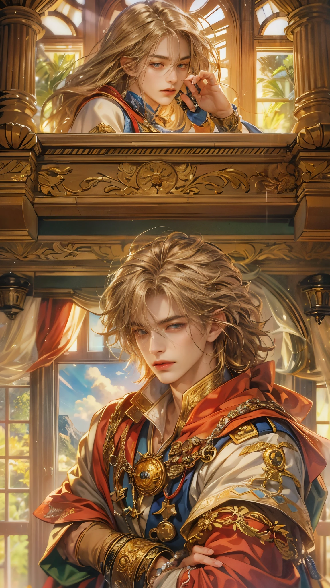 (absurdres, highres, ultra detailed, HDR), masterpiece, best quality, legend of mana character, boy hero, guy villain , detailed face, handsome face, anime eyes, inside home beside window, detailed character, detailed indoor, detailed home, art kenouji