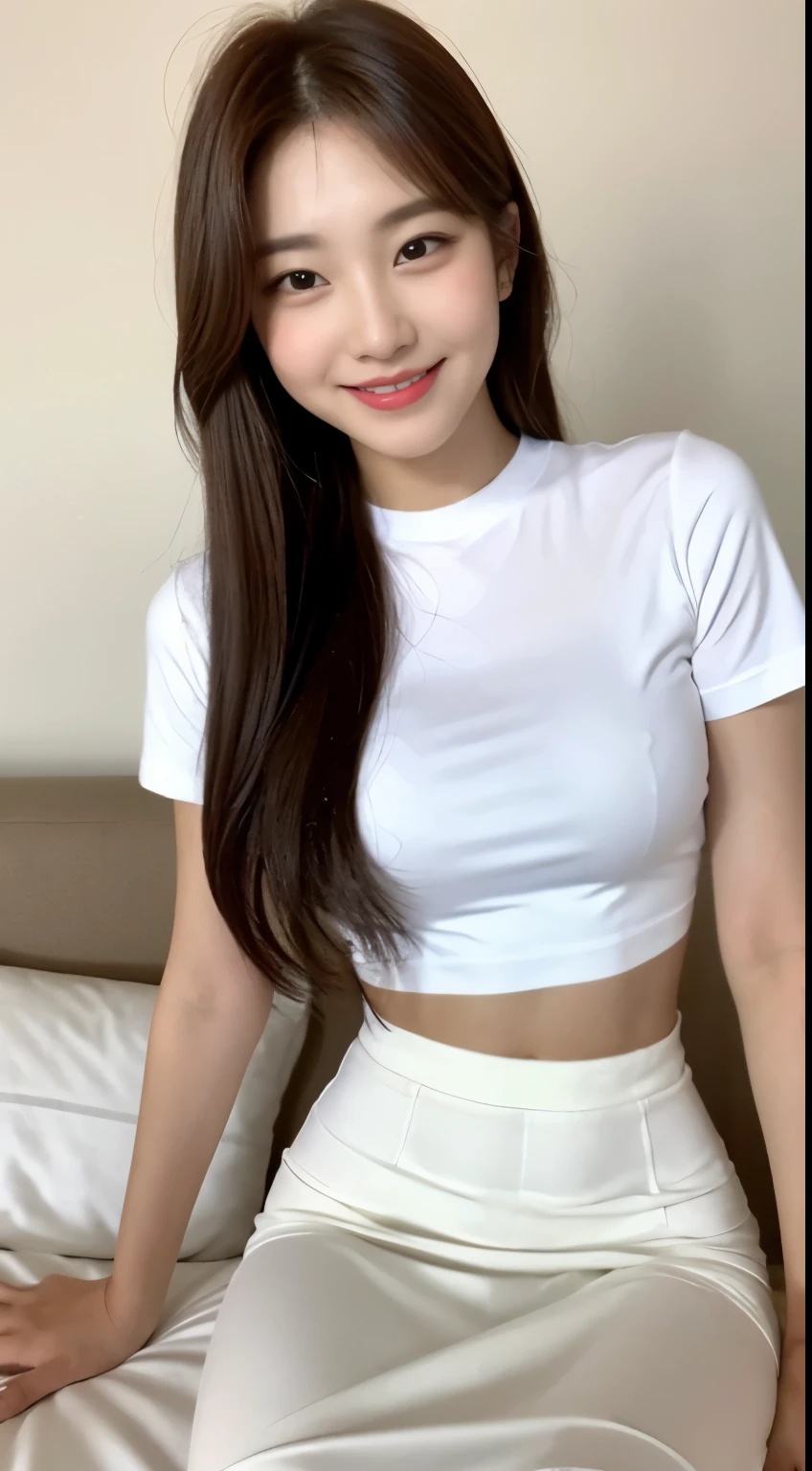 white tight shirt、white tight mini skirt、bed、smile、short sleeve、high resolution、Korean idol face