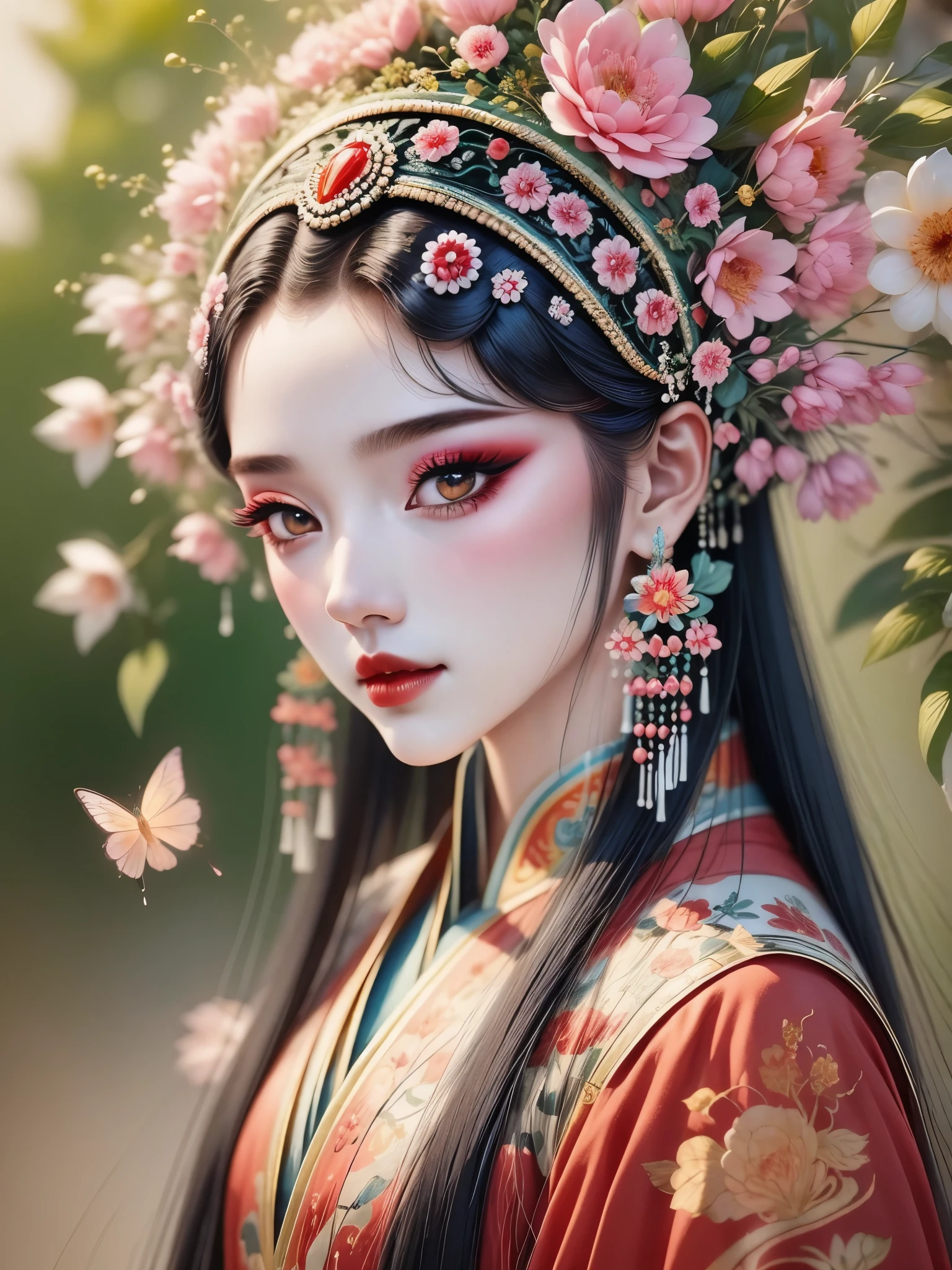 (masterpiece, best quality:1.2,lifelike:1.37), antiquity,flat,Ink smudge,traditional Chinese painting,flat pencil drawing,Chinese style illustrations:(1 girl,bust ,portrait),exquisite facial features,Detailed drawing of eyes,eyelash,blush,long hair,Exquisite makeup,Beautiful pearls on the head,tassel,blue华丽的汉服,Garden background blurred,Simple,glowing butterfly,blue:1.37,huge peony flower:1.37